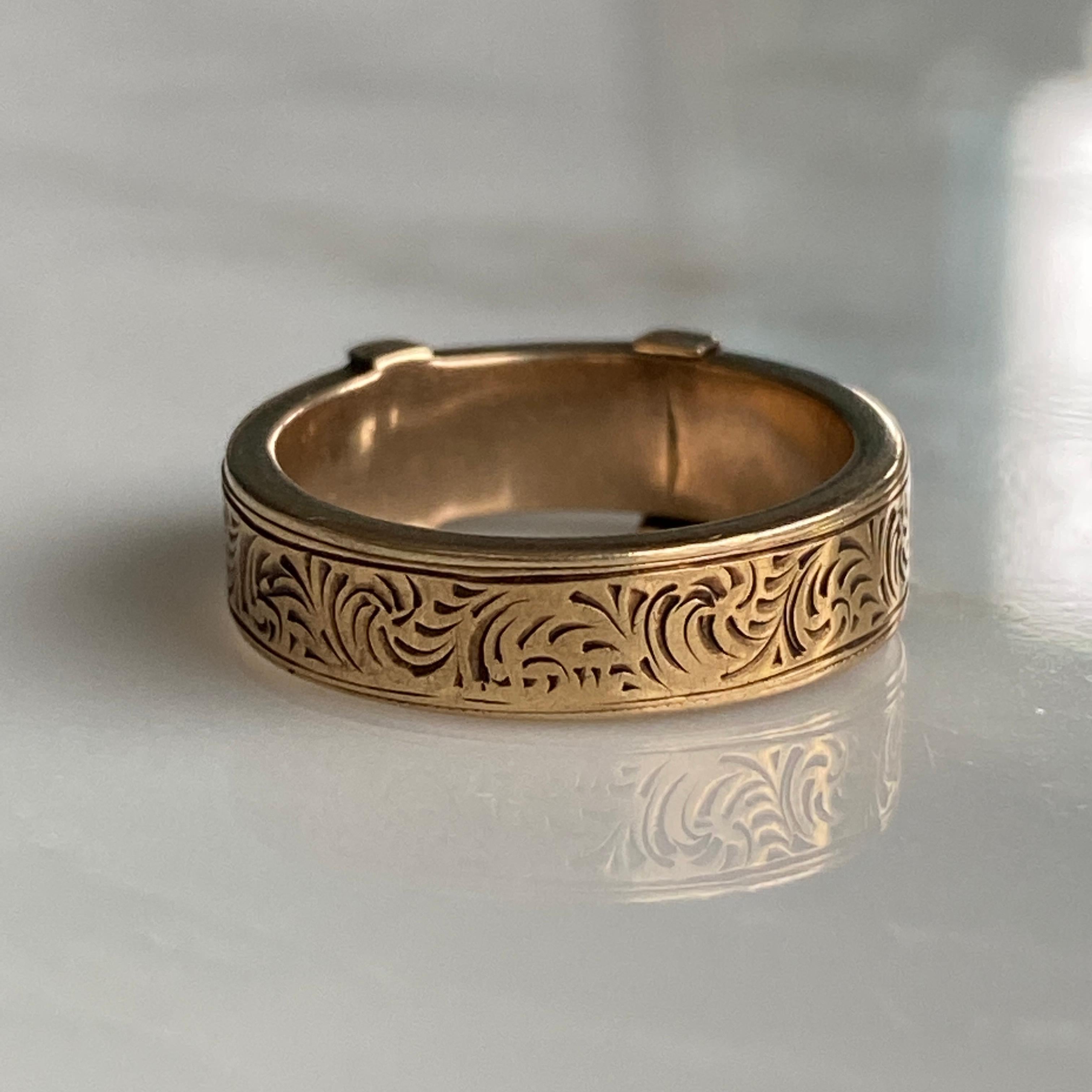 Victorian Buckle 14K Engraved Memorial Ring For Sale 9