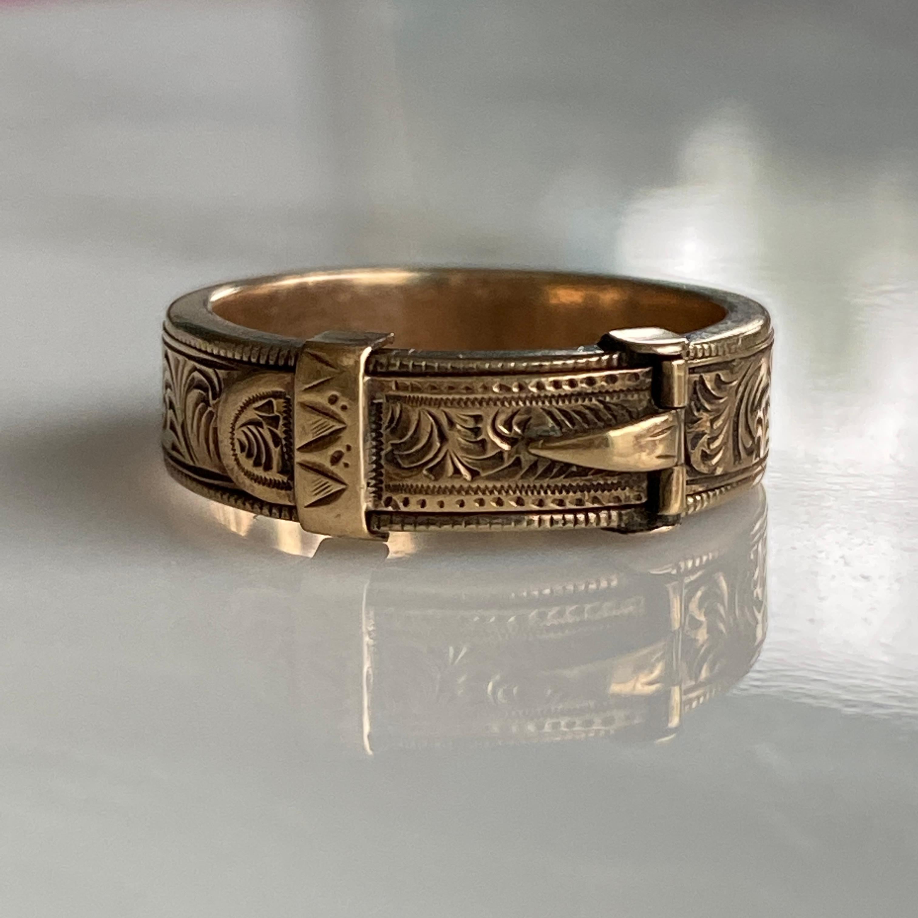 Victorian Buckle 14K Engraved Memorial Ring For Sale 10