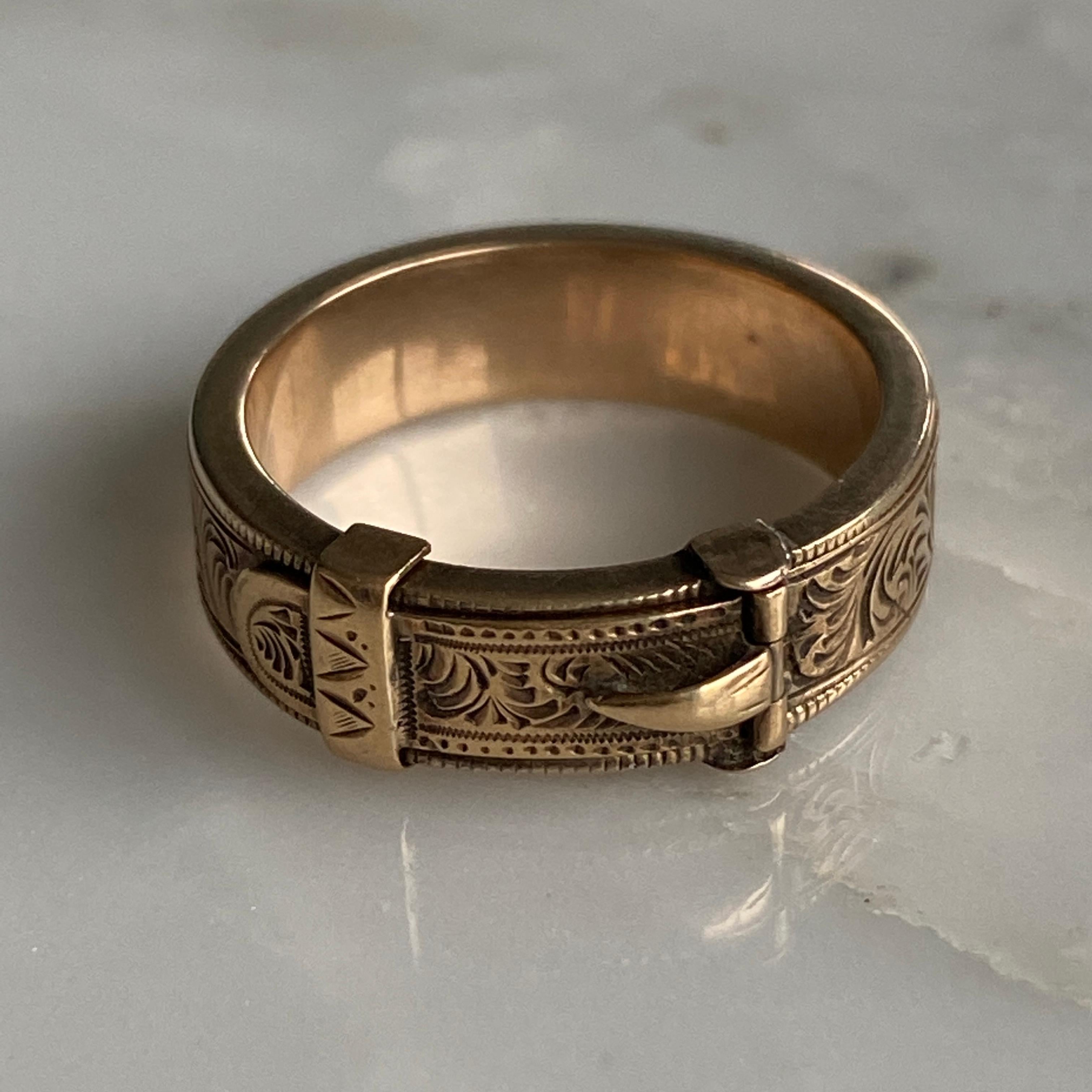 Victorian Buckle 14K Engraved Memorial Ring For Sale 11