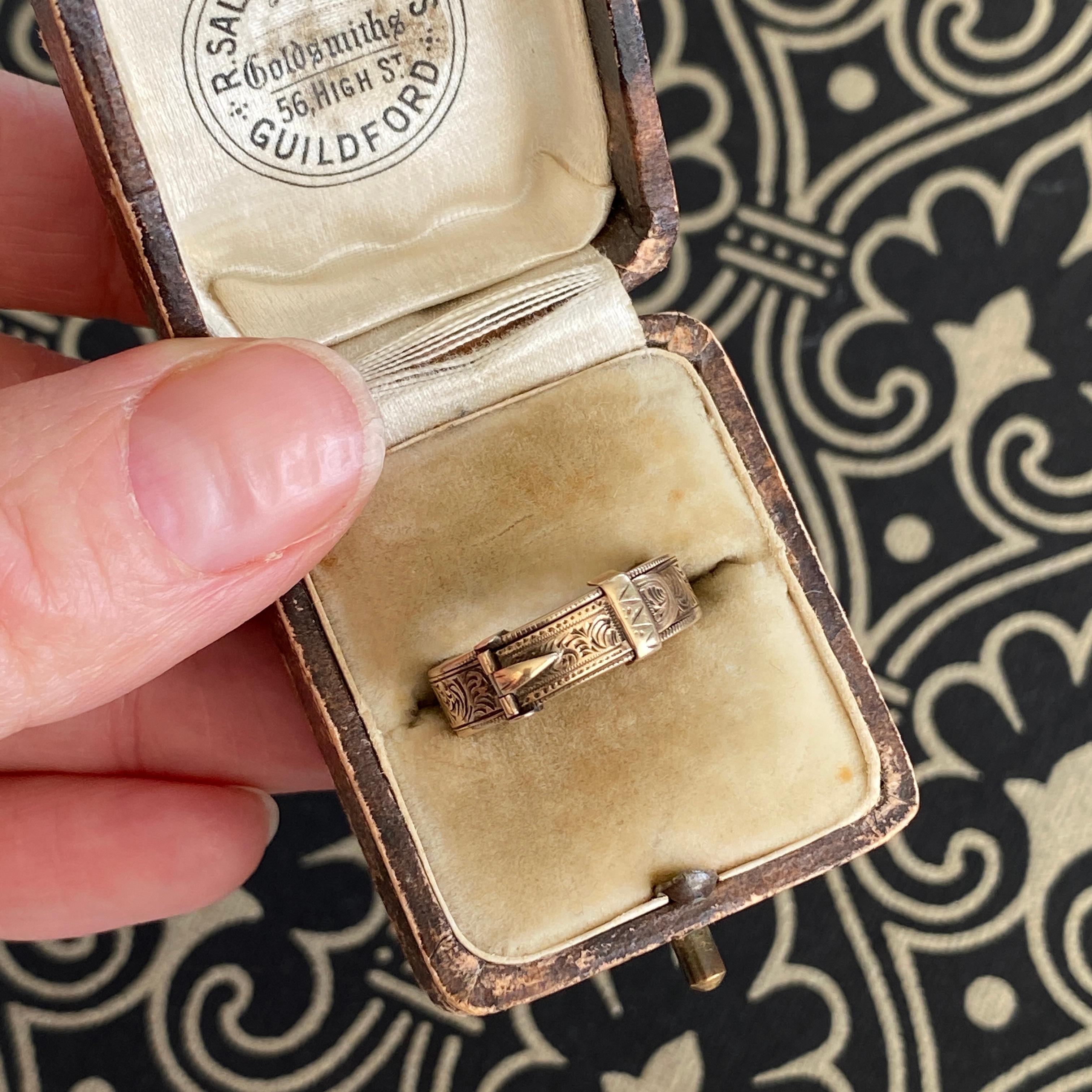 Victorian Buckle 14K Engraved Memorial Ring For Sale 14
