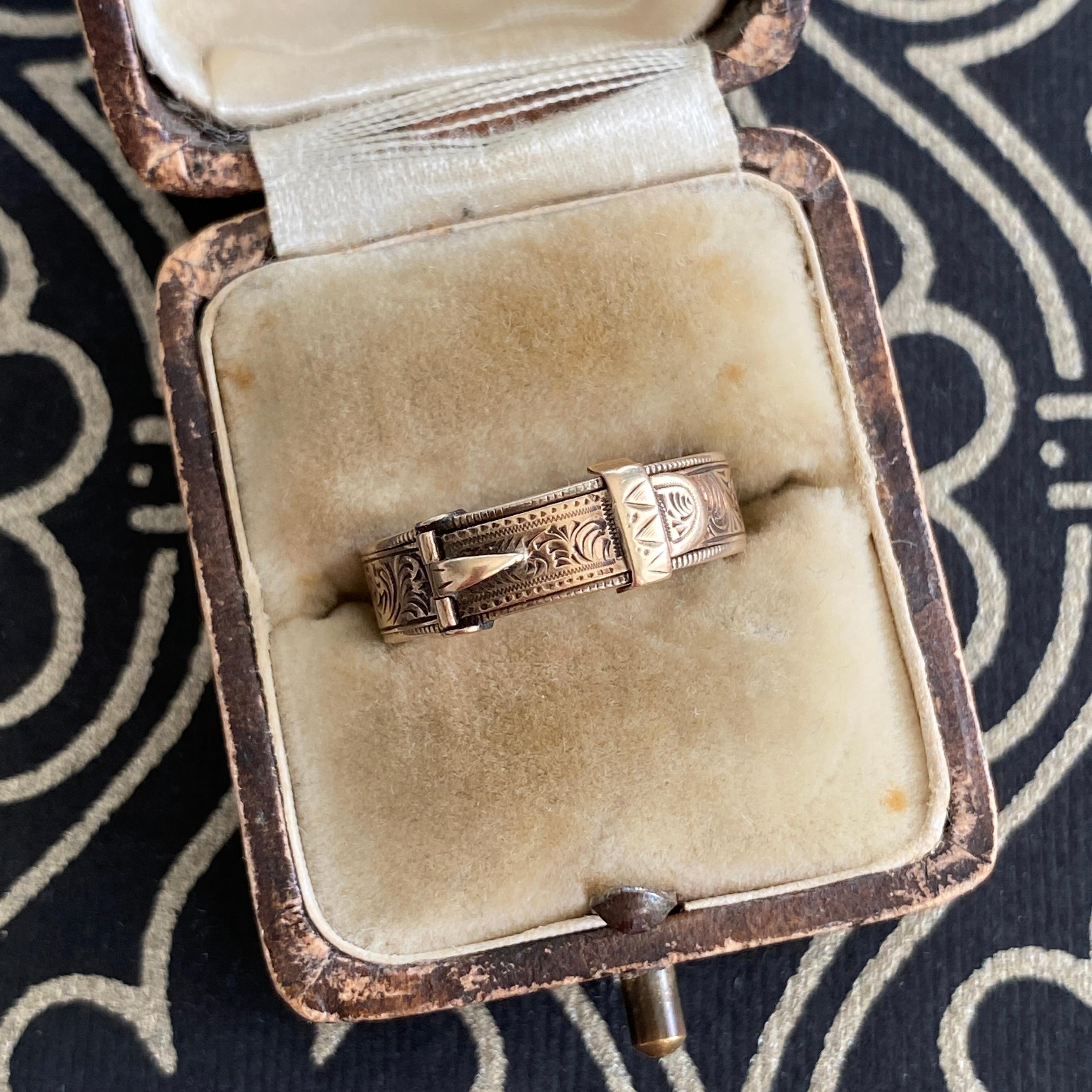 Victorian Buckle 14K Engraved Memorial Ring For Sale 15