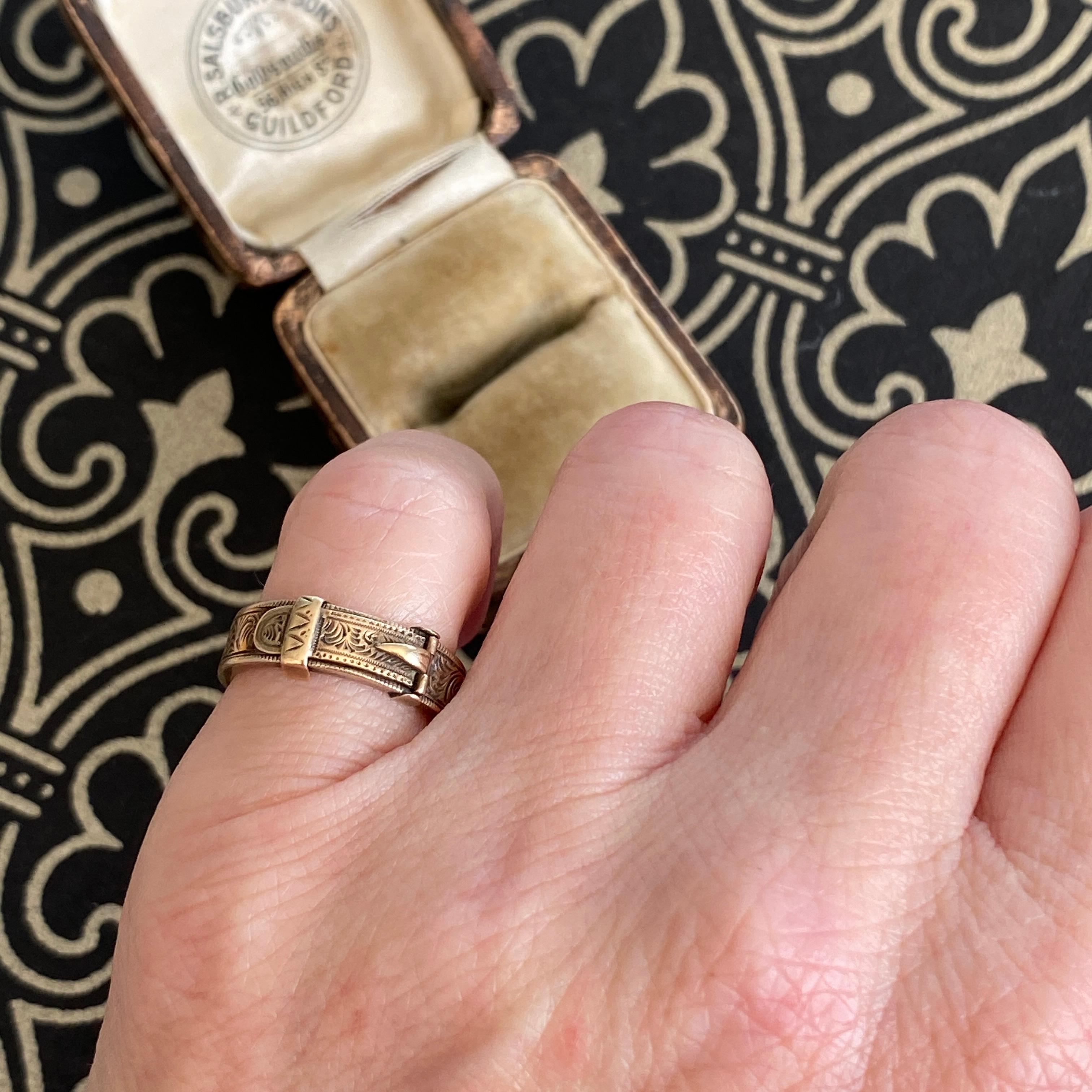 Victorian Buckle 14K Engraved Memorial Ring In Good Condition For Sale In Scotts Valley, CA