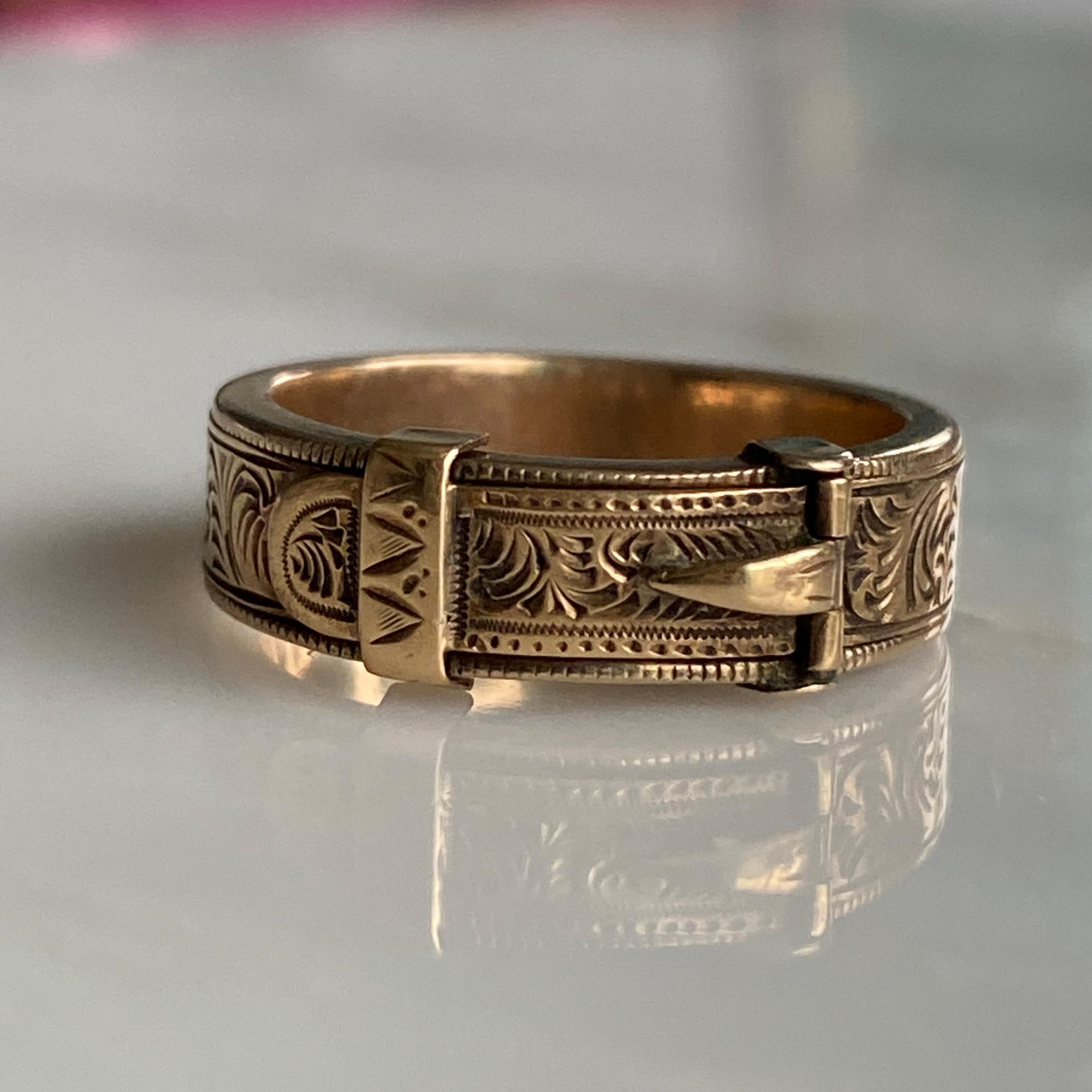 Victorian Buckle 14K Engraved Memorial Ring For Sale 5