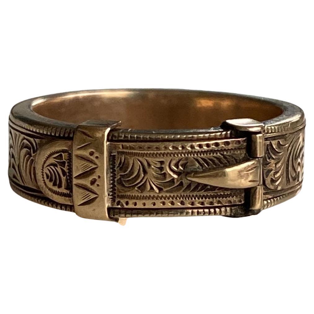 Victorian Buckle 14K Engraved Memorial Ring For Sale