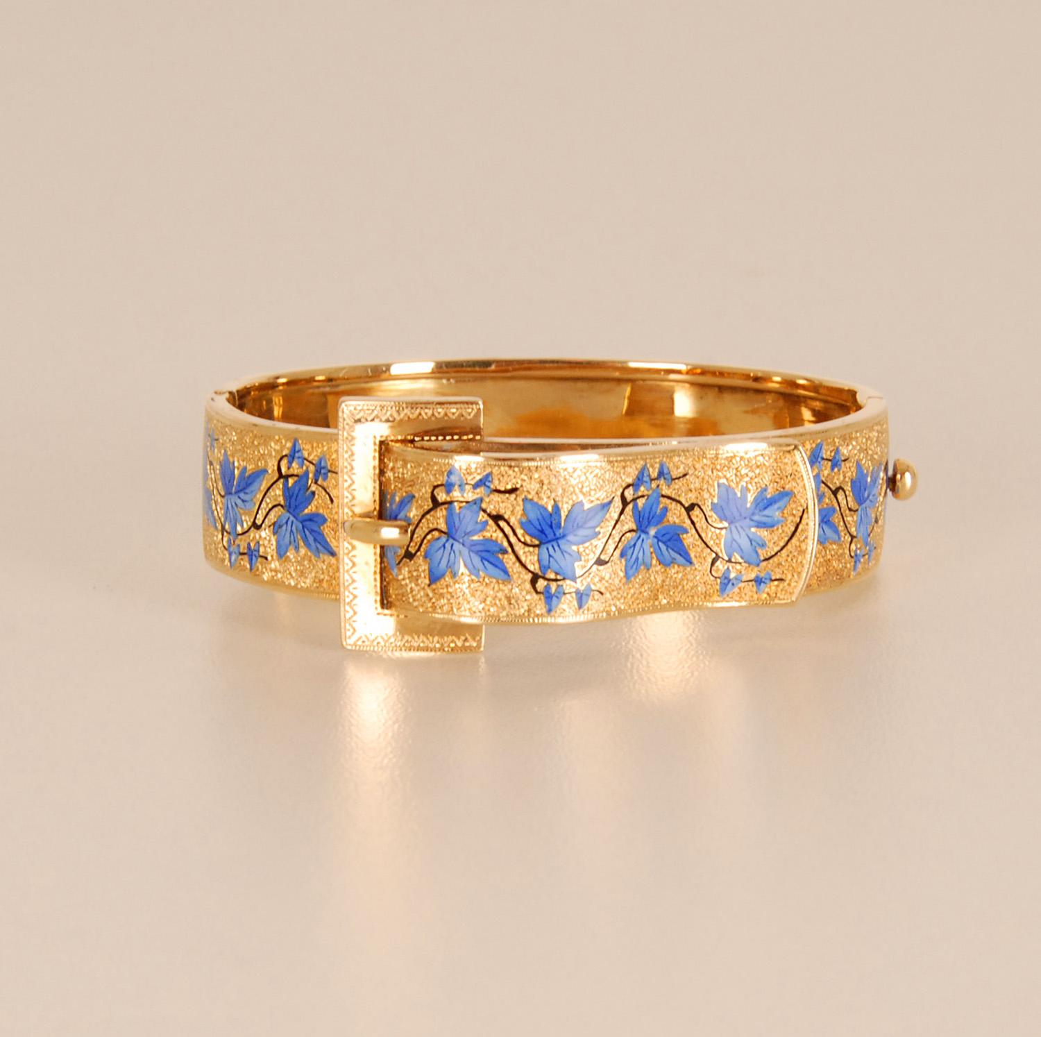 Gold 19th century Victorian buckle bracelet yellow gold floral blue enamel bracelet For Sale