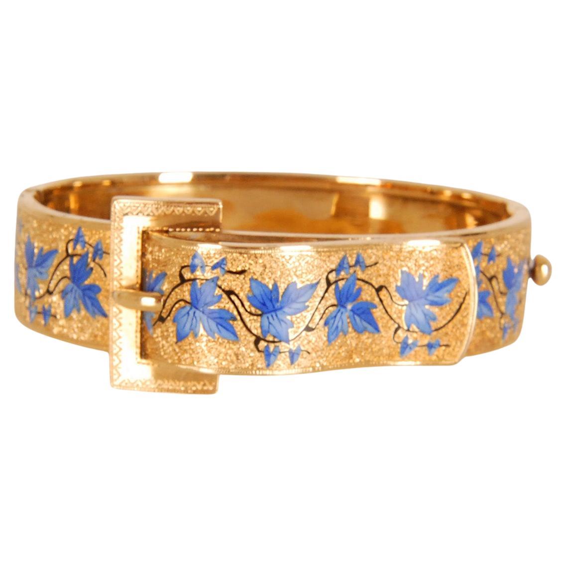 19th century Victorian buckle bracelet yellow gold floral blue enamel bracelet