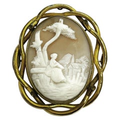 Victorian Bucolic Motif Cameo 9K Yellow Gold Shell Intaglio Brooch