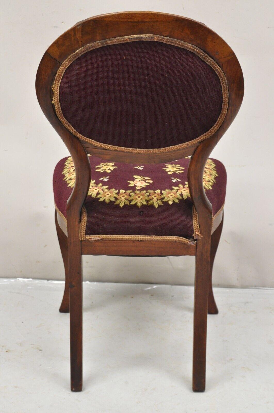 Victorian Burgundy Floral Needlepoint Carved Mahogany Balloon Back Side Chair For Sale 6