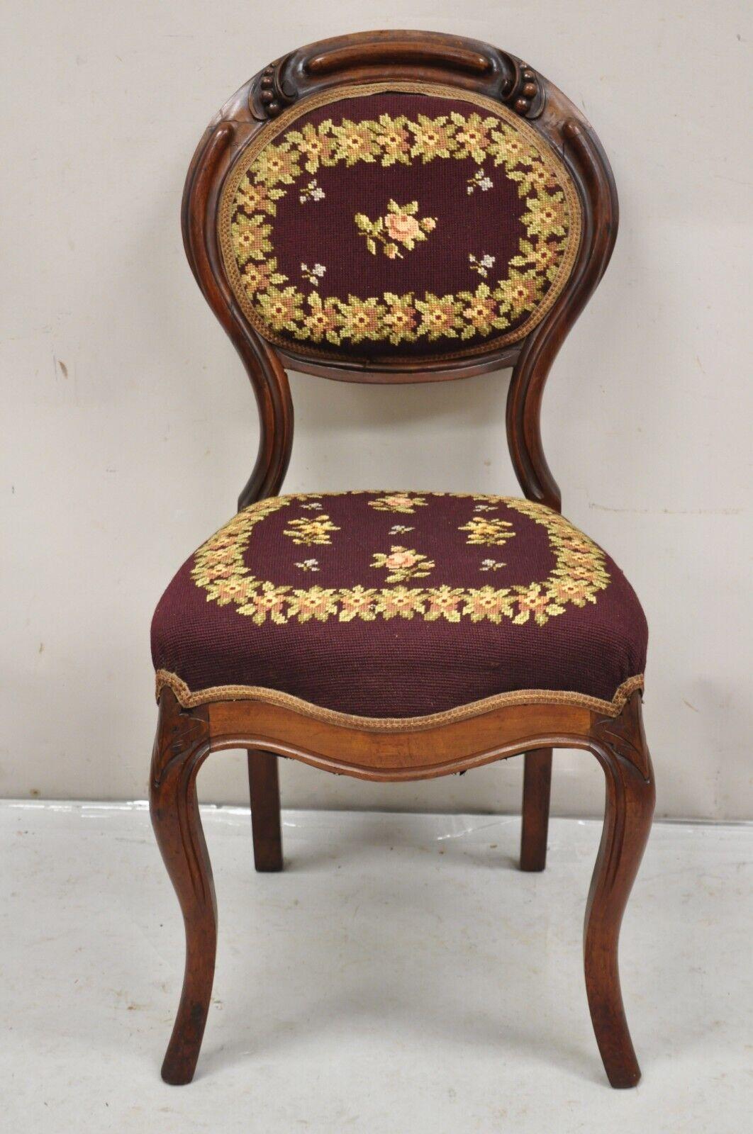 Victorian Burgundy Floral Needlepoint Carved Mahogany Balloon Back Side Chair For Sale 7