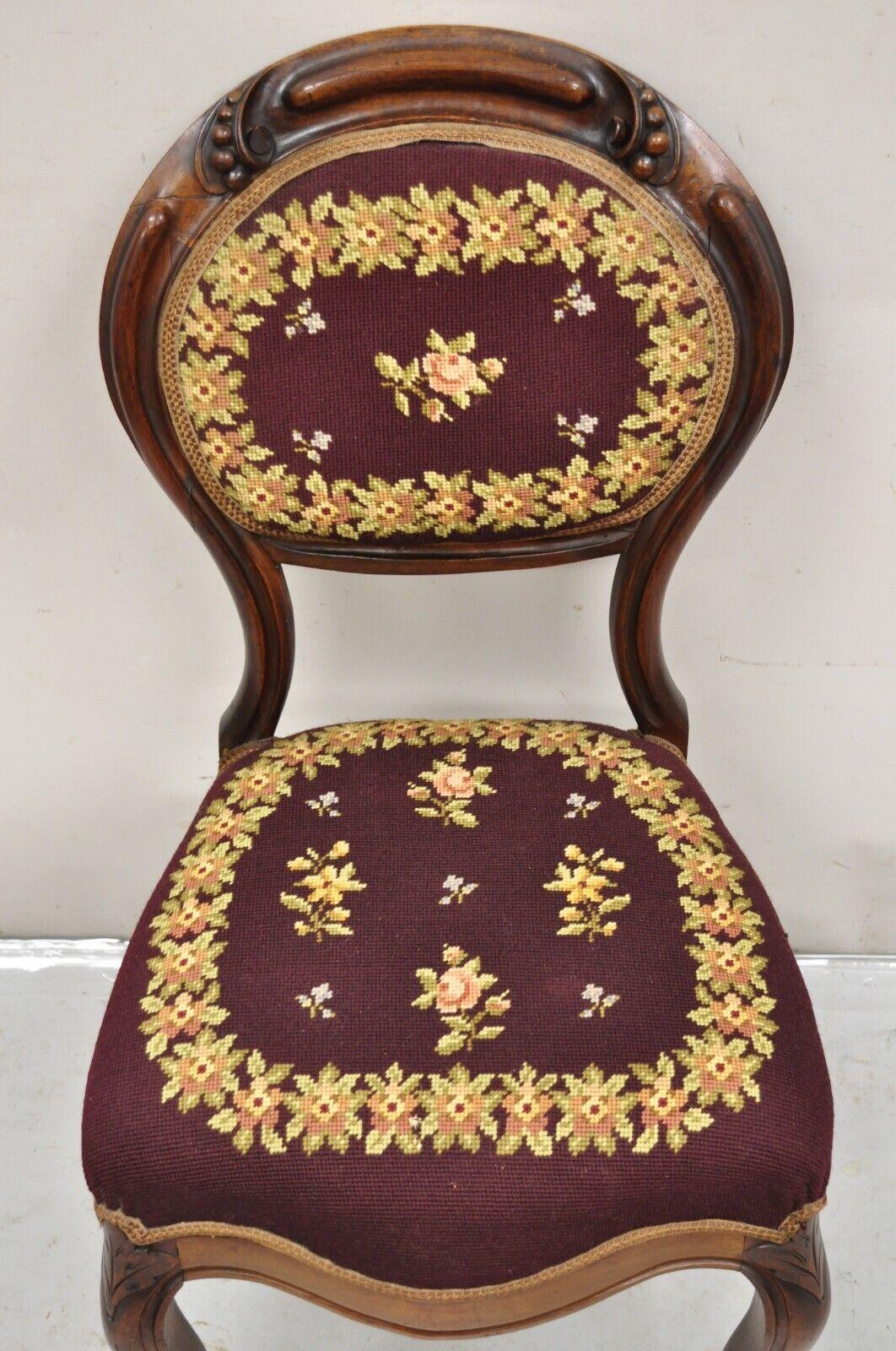 Victorian Burgundy Floral Needlepoint Carved Mahogany Balloon Back Side Chair In Good Condition For Sale In Philadelphia, PA