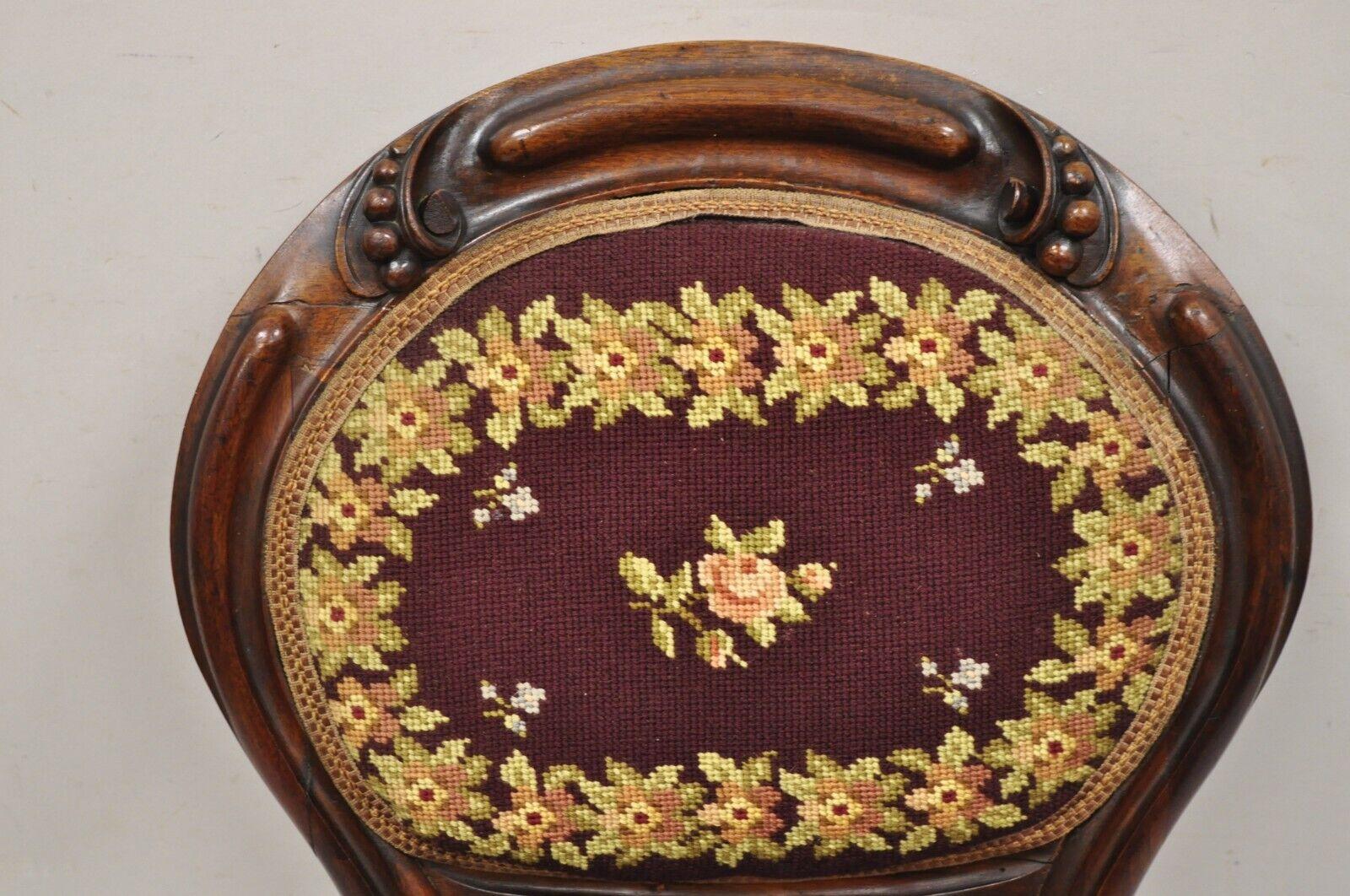 19th Century Victorian Burgundy Floral Needlepoint Carved Mahogany Balloon Back Side Chair For Sale