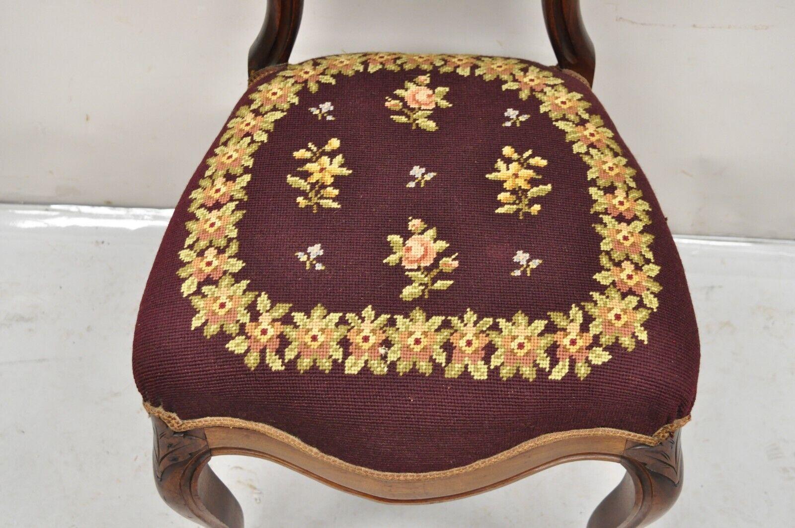 Victorian Burgundy Floral Needlepoint Carved Mahogany Balloon Back Side Chair For Sale 1