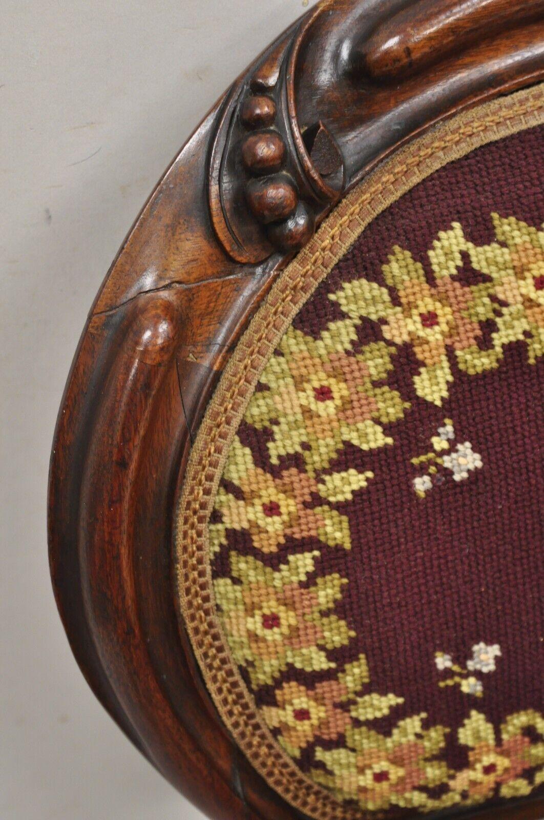Victorian Burgundy Floral Needlepoint Carved Mahogany Balloon Back Side Chair For Sale 2