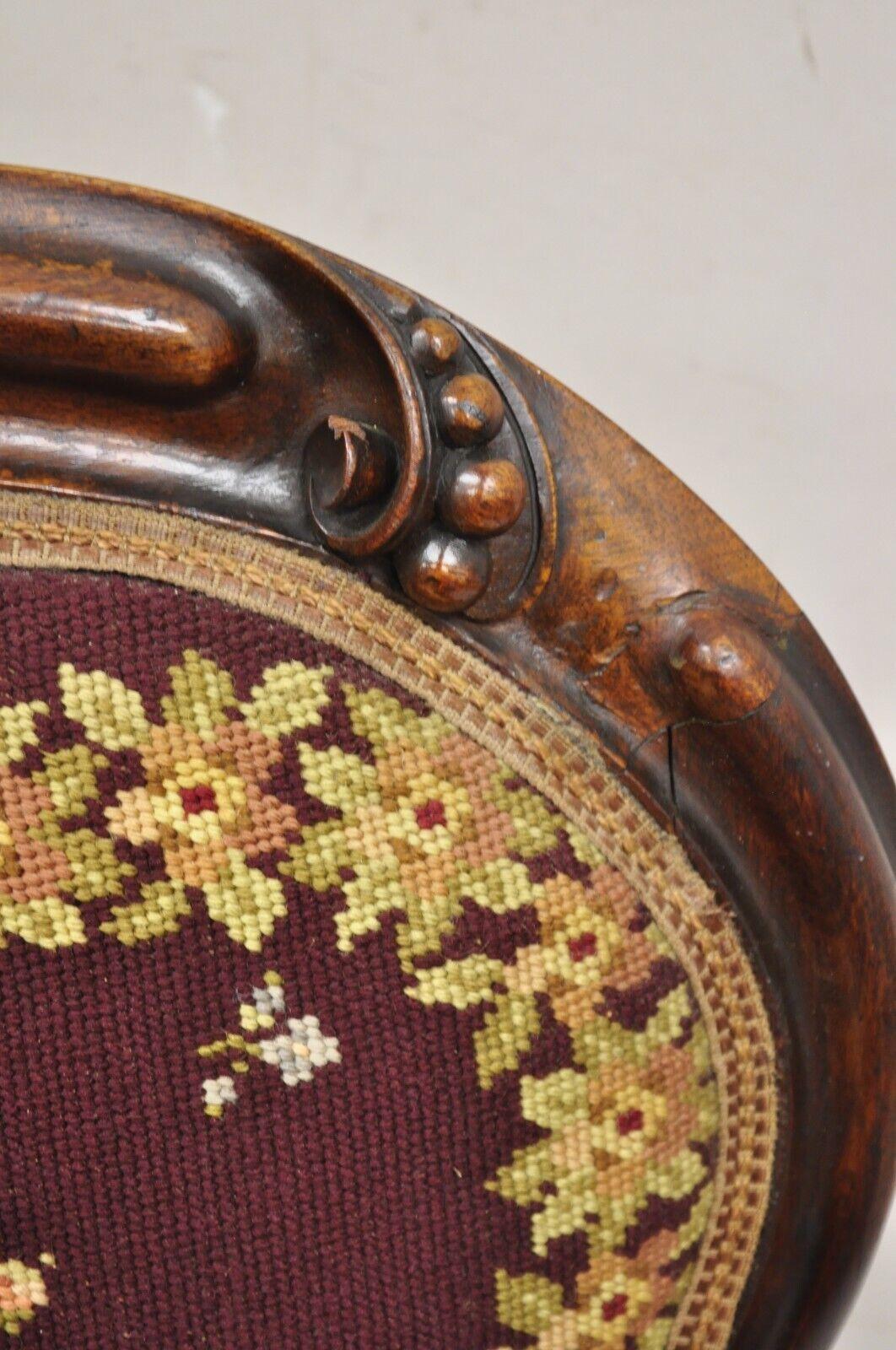 Victorian Burgundy Floral Needlepoint Carved Mahogany Balloon Back Side Chair For Sale 3