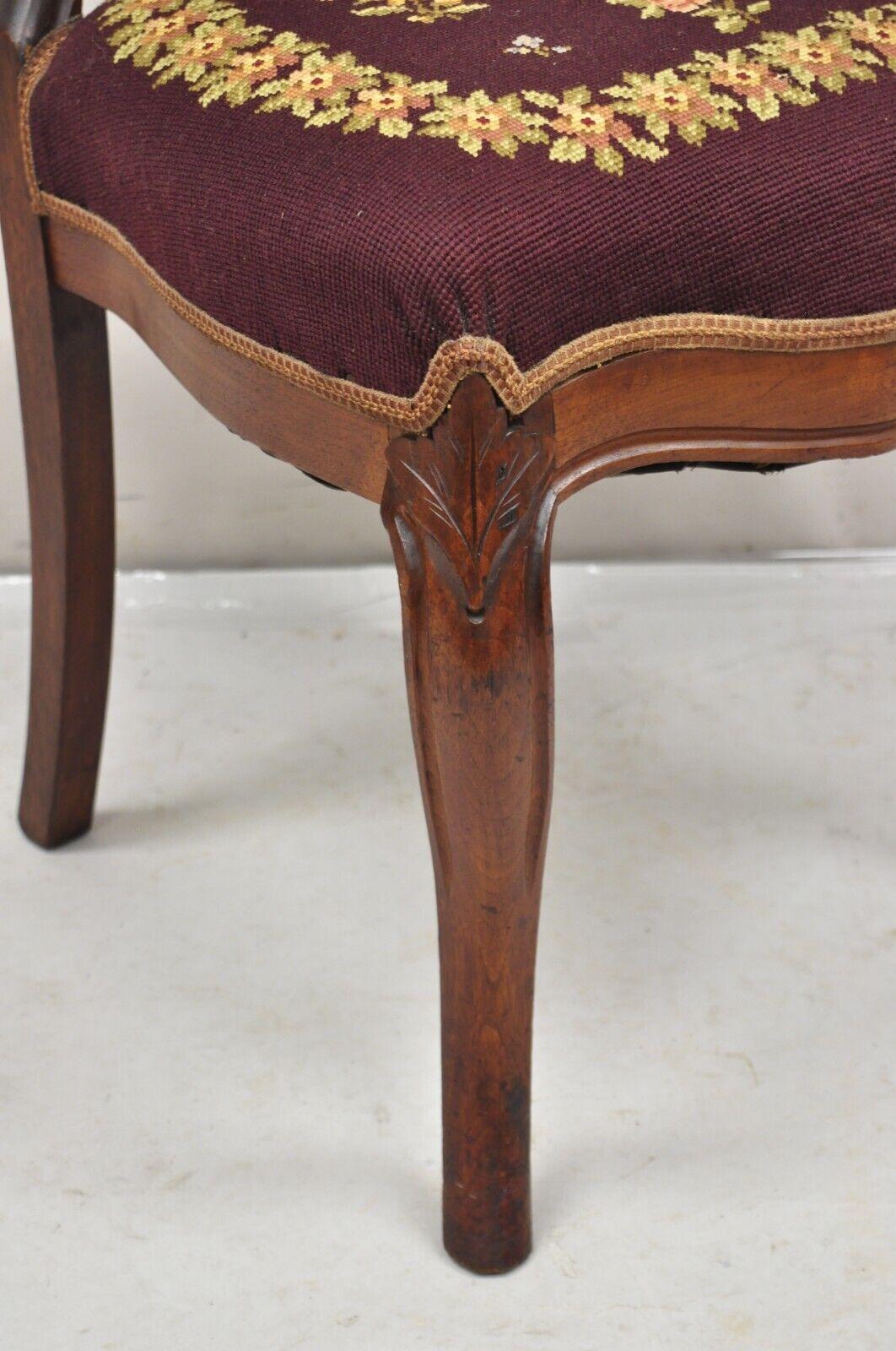 Victorian Burgundy Floral Needlepoint Carved Mahogany Balloon Back Side Chair For Sale 4