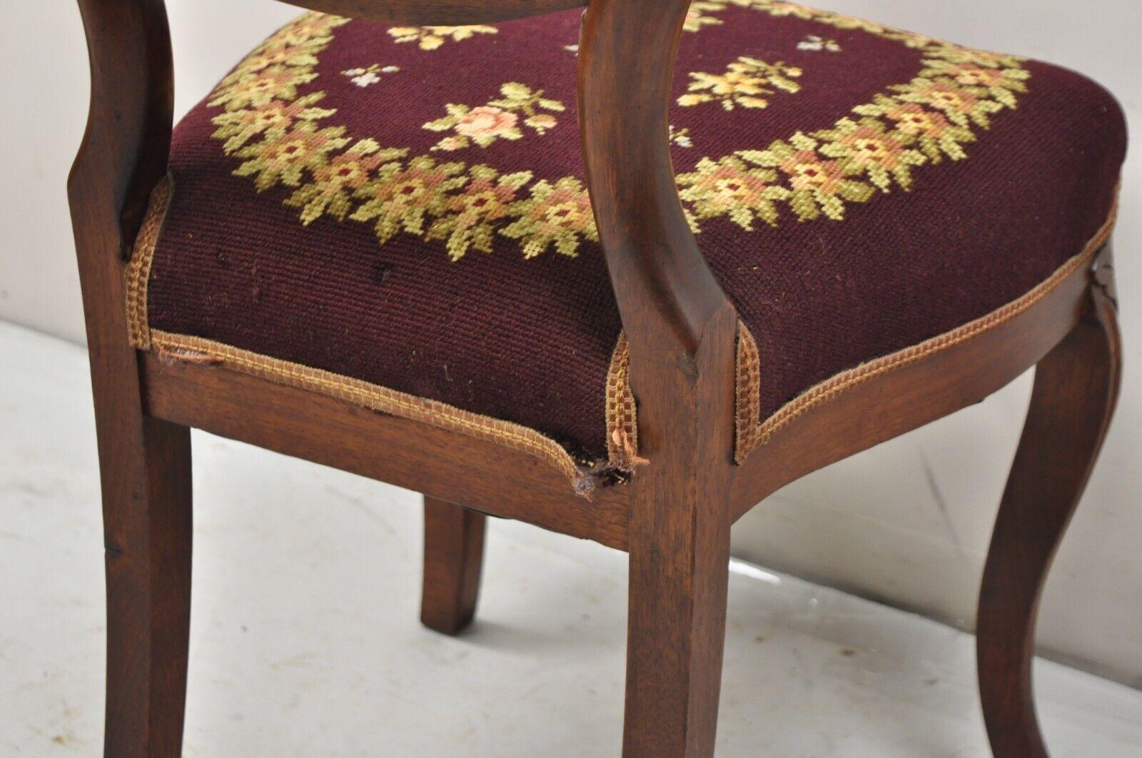 Victorian Burgundy Floral Needlepoint Carved Mahogany Balloon Back Side Chair For Sale 5