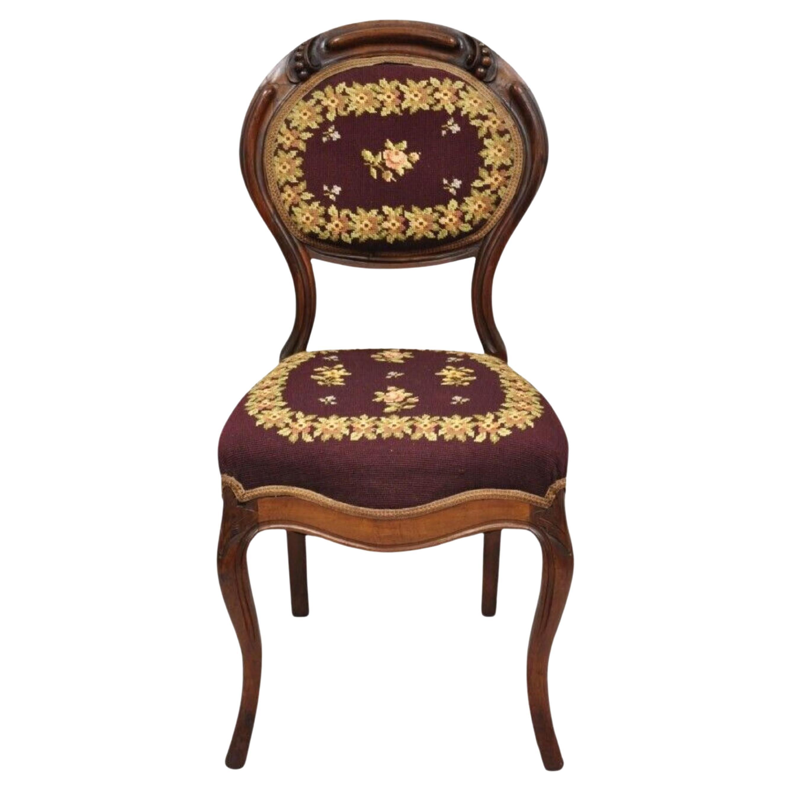 Victorian Burgundy Floral Needlepoint Carved Mahogany Balloon Back Side Chair For Sale