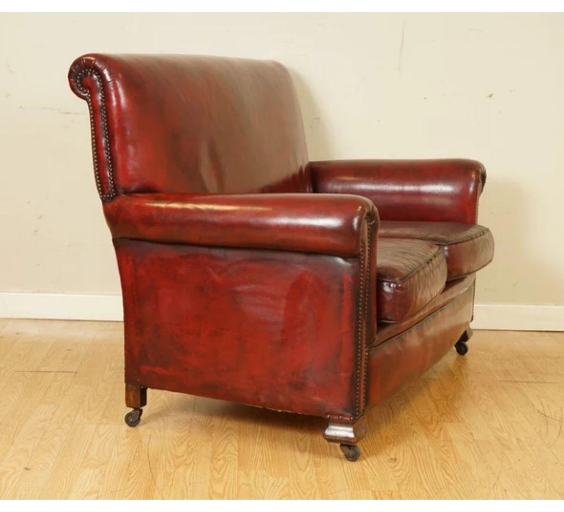 Victorian Burgundy Gentleman's Club Hand Dyed Leather Sofa For Sale 4