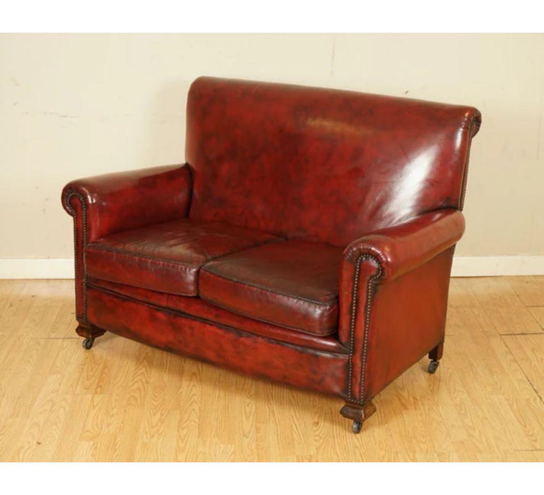 British Victorian Burgundy Gentleman's Club Hand Dyed Leather Sofa For Sale