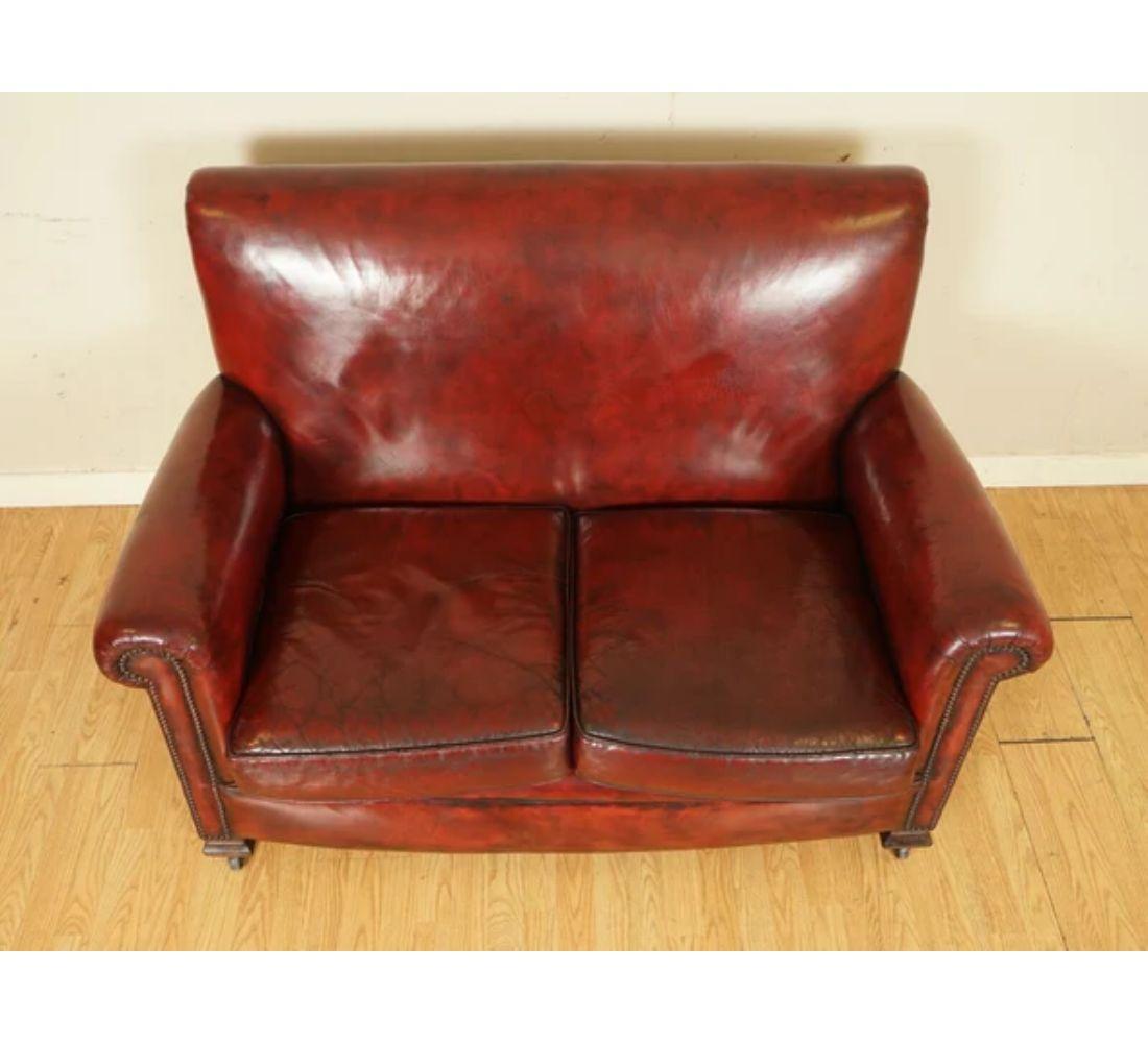 Hand-Crafted Victorian Burgundy Gentleman's Club Hand Dyed Leather Sofa For Sale