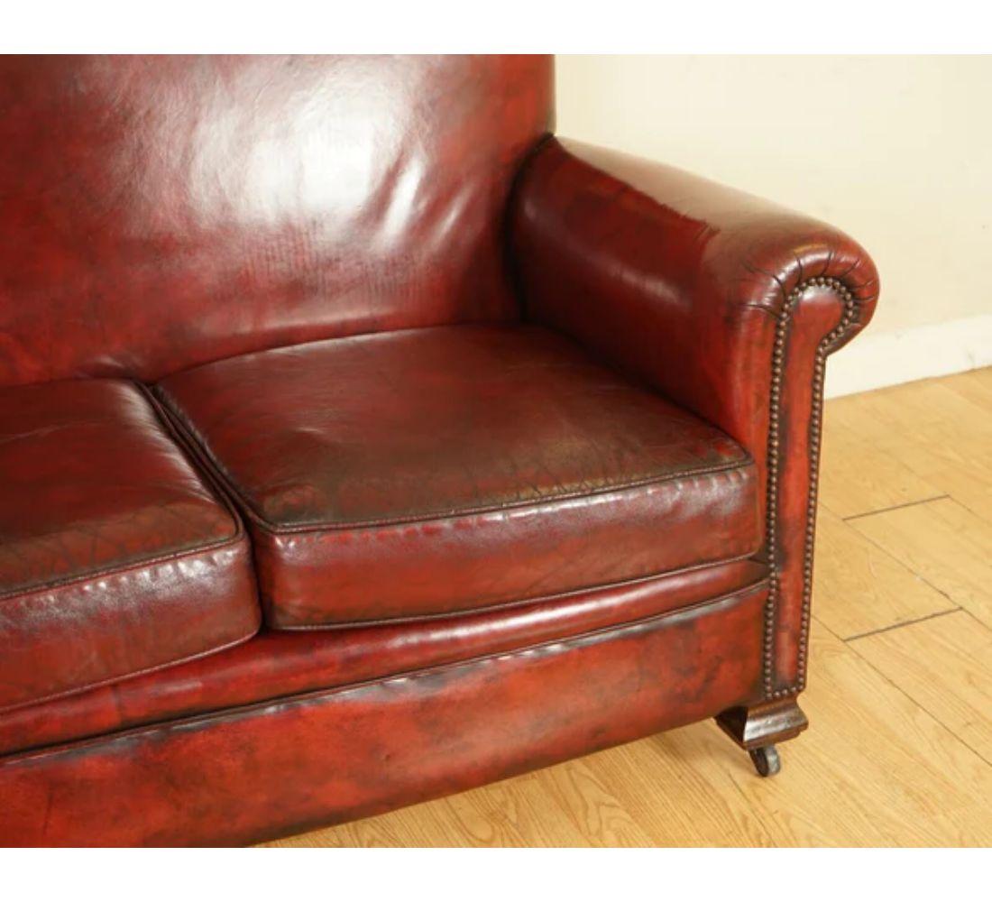 Victorian Burgundy Gentleman's Club Hand Dyed Leather Sofa In Good Condition For Sale In Pulborough, GB