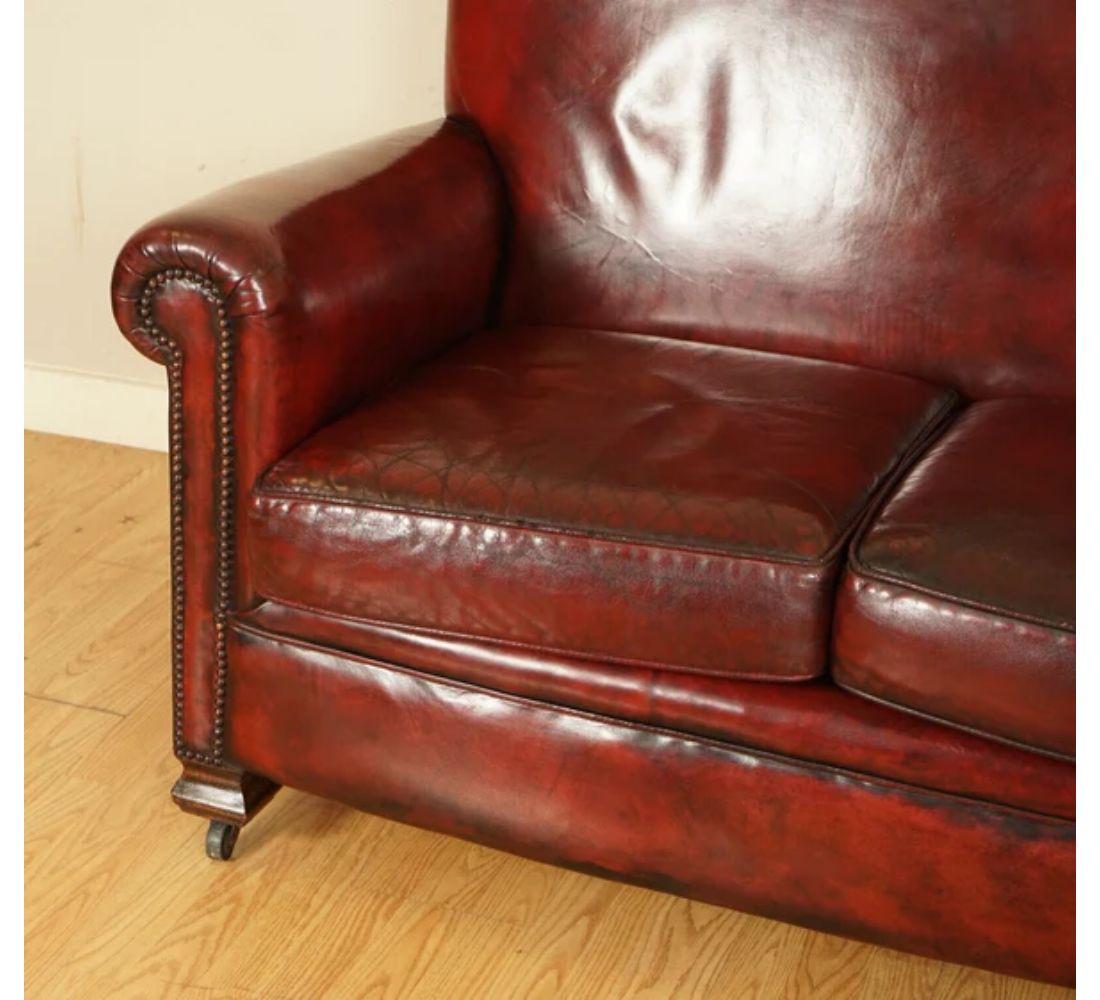 19th Century Victorian Burgundy Gentleman's Club Hand Dyed Leather Sofa For Sale