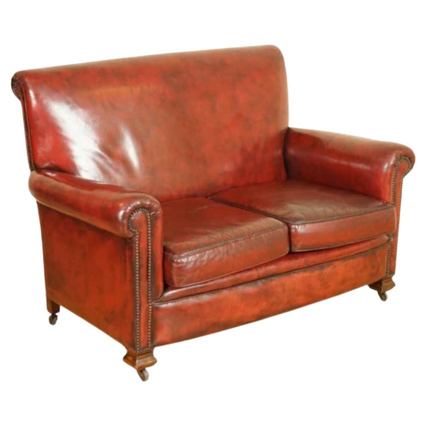 Victorian Burgundy Gentleman's Club Hand Dyed Leather Sofa For Sale