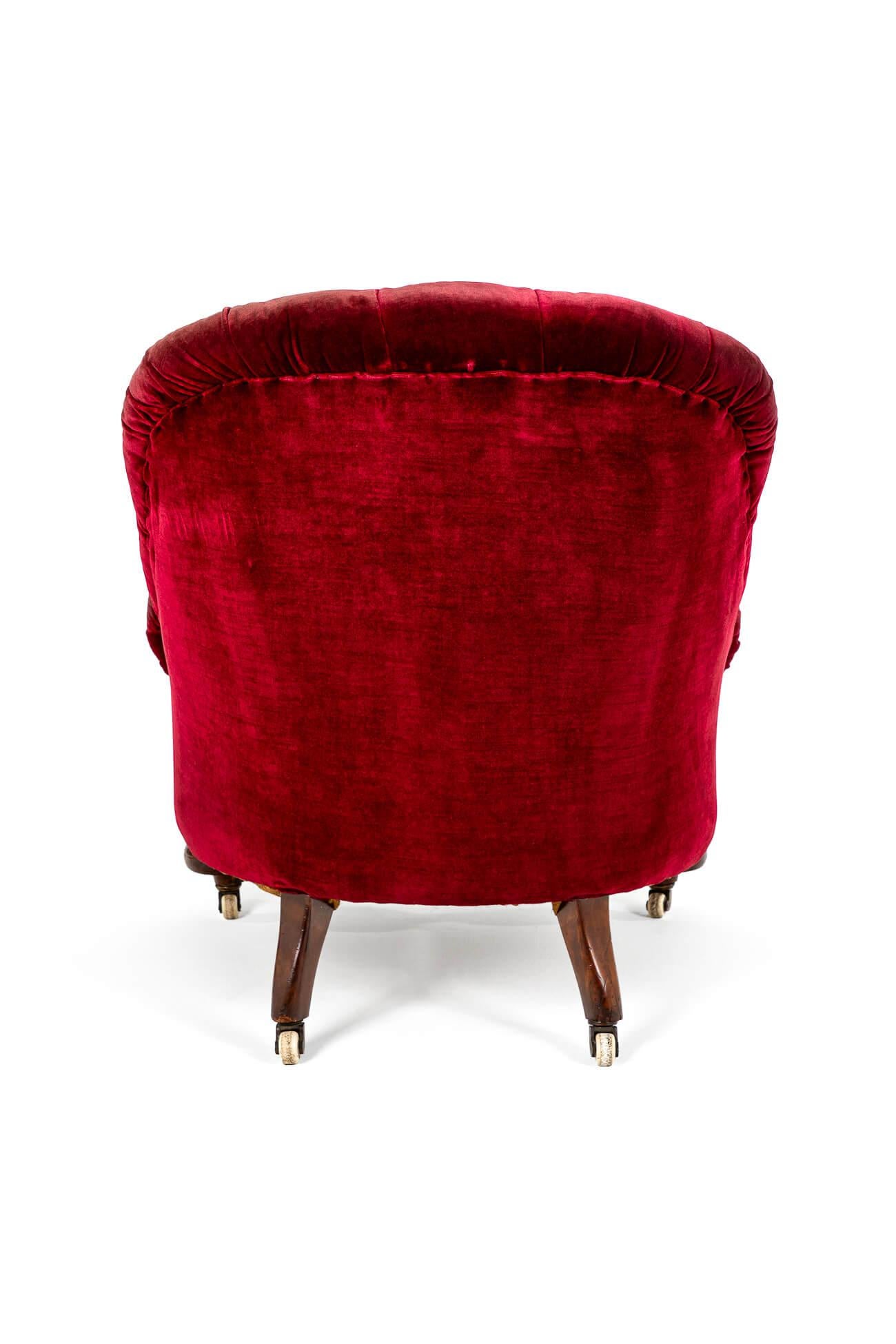 Hand-Crafted Victorian Burgundy Velvet Armchair For Sale