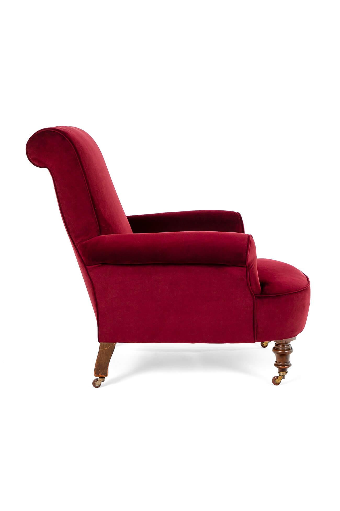 Hand-Crafted Victorian Burgundy Velvet Armchair For Sale
