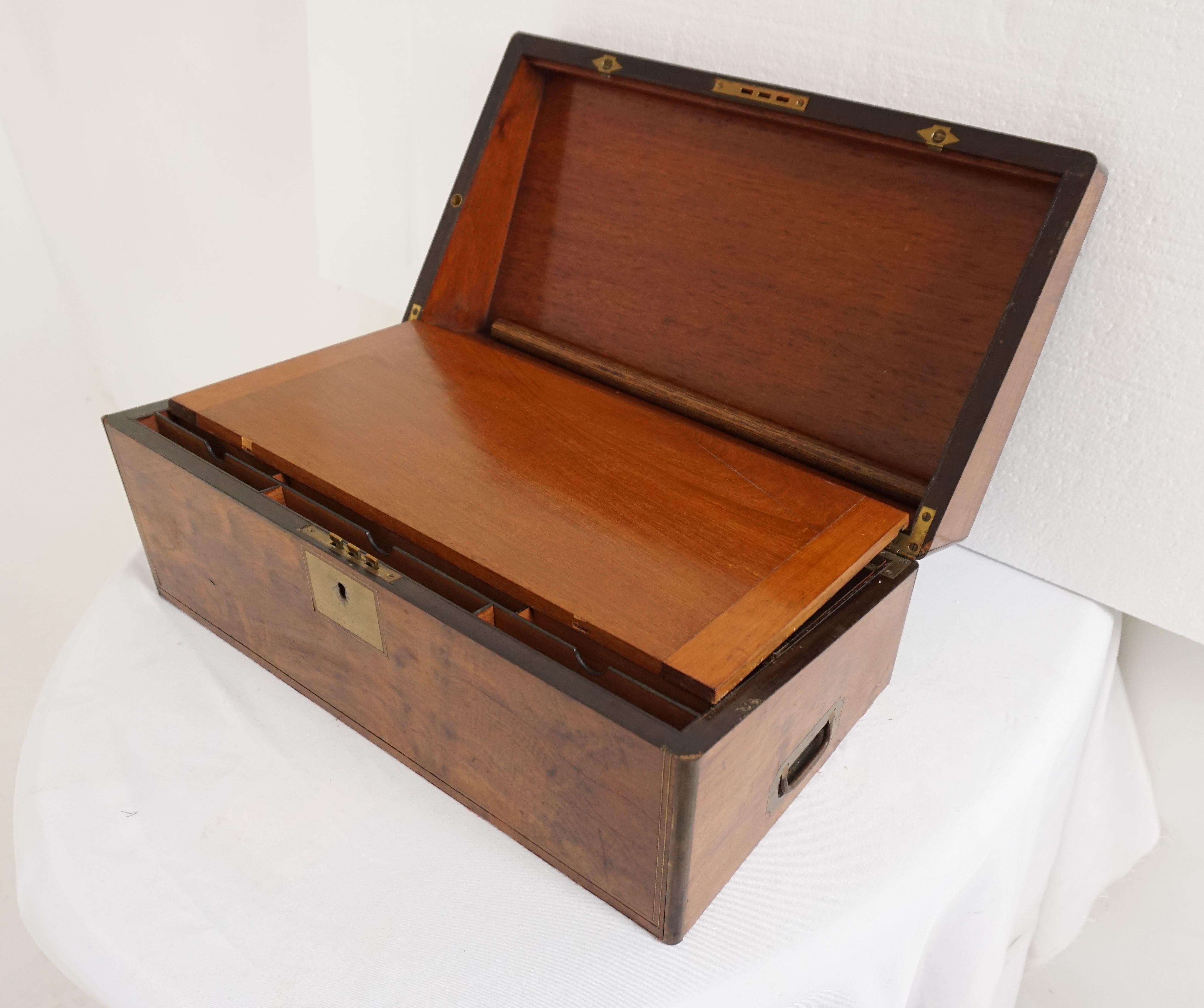 Victorian Burl Walnut Campaign Writing Slope, Lap Desk, Scotland, 1860 In Good Condition In Vancouver, BC