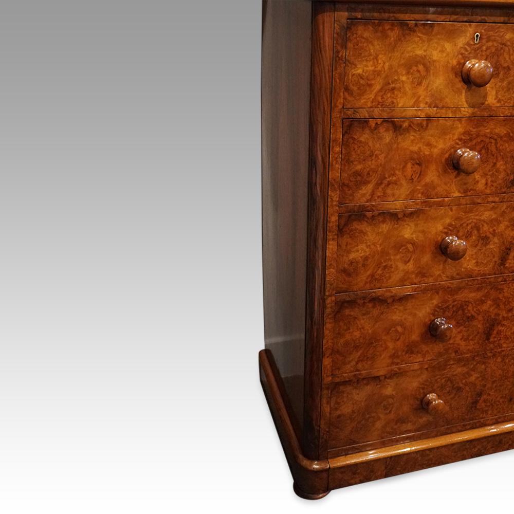 Victorian burr walnut chest of drawers
This Victorian burr walnut chest of drawers was made circa 1870.
Burr walnut chests of drawers were made in limited numbers in the Victorian period. Usually, a chest of this design was made in mahogany, but a