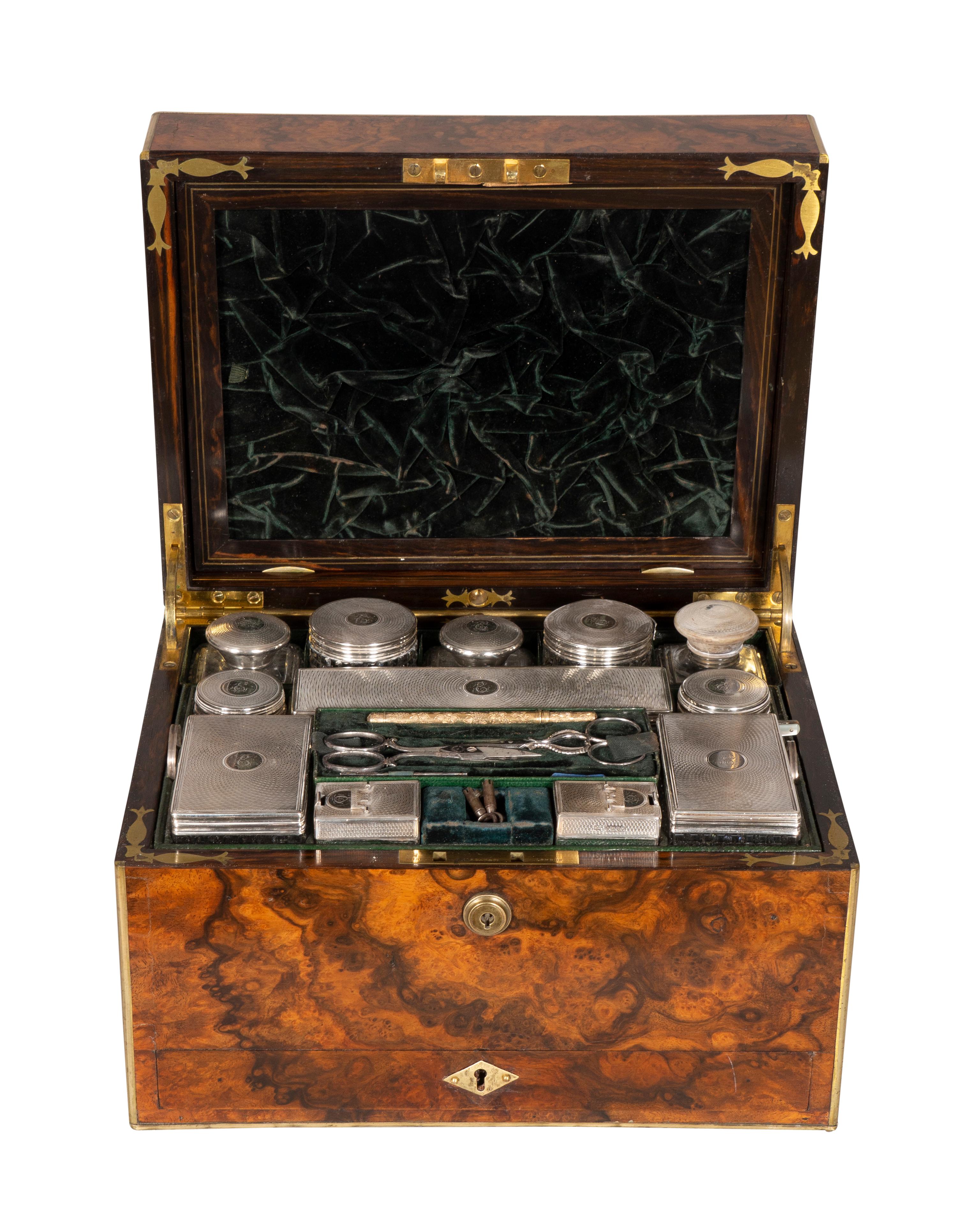 Sterling Silver Victorian Burl Walnut Gentlemans Dressing Box For Sale