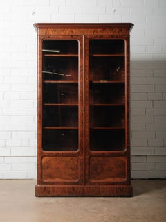 Victorian Burl Walnut Glass-Door Display Cabinet  19th Century English Bookcase