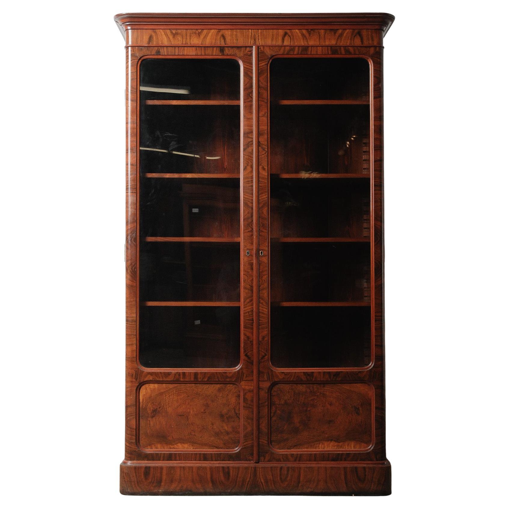 Victorian Burl Walnut Glass-Door Display Cabinet  19th Century English Bookcase