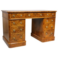 Victorian Burl Walnut Pedestal Desk by Maple & Co