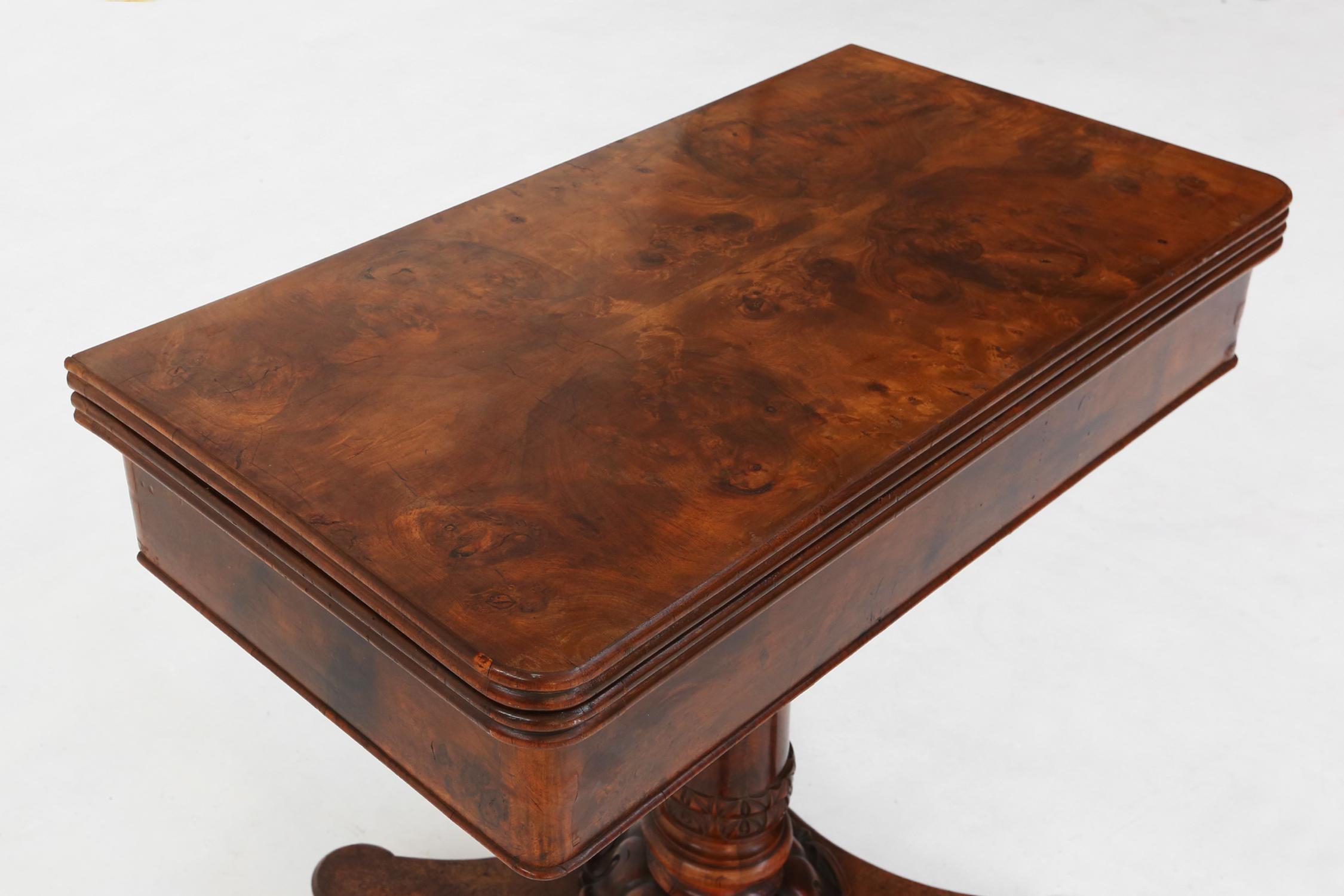 British Victorian burl wood folding card console table, 19th century For Sale