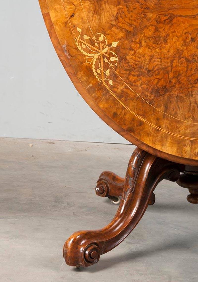 Victorian Burl Wood Veneered Till-Top Table with Mahogany Carved Foot 6
