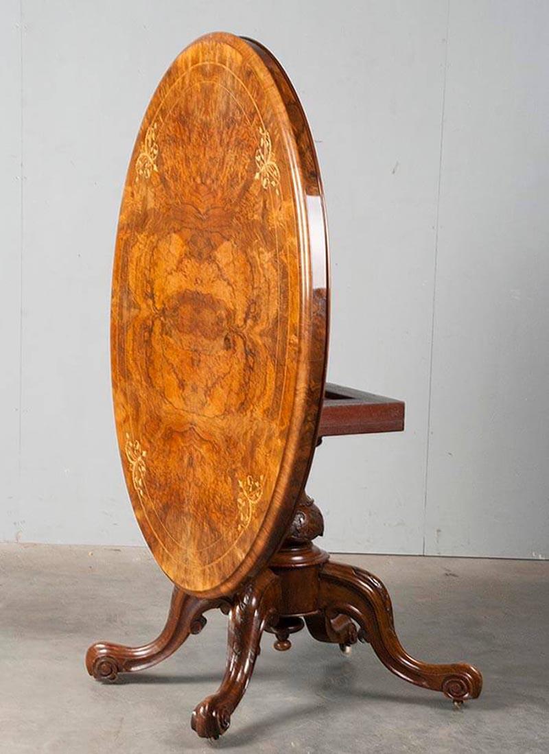 Victorian Burl Wood Veneered Till-Top Table with Mahogany Carved Foot 7