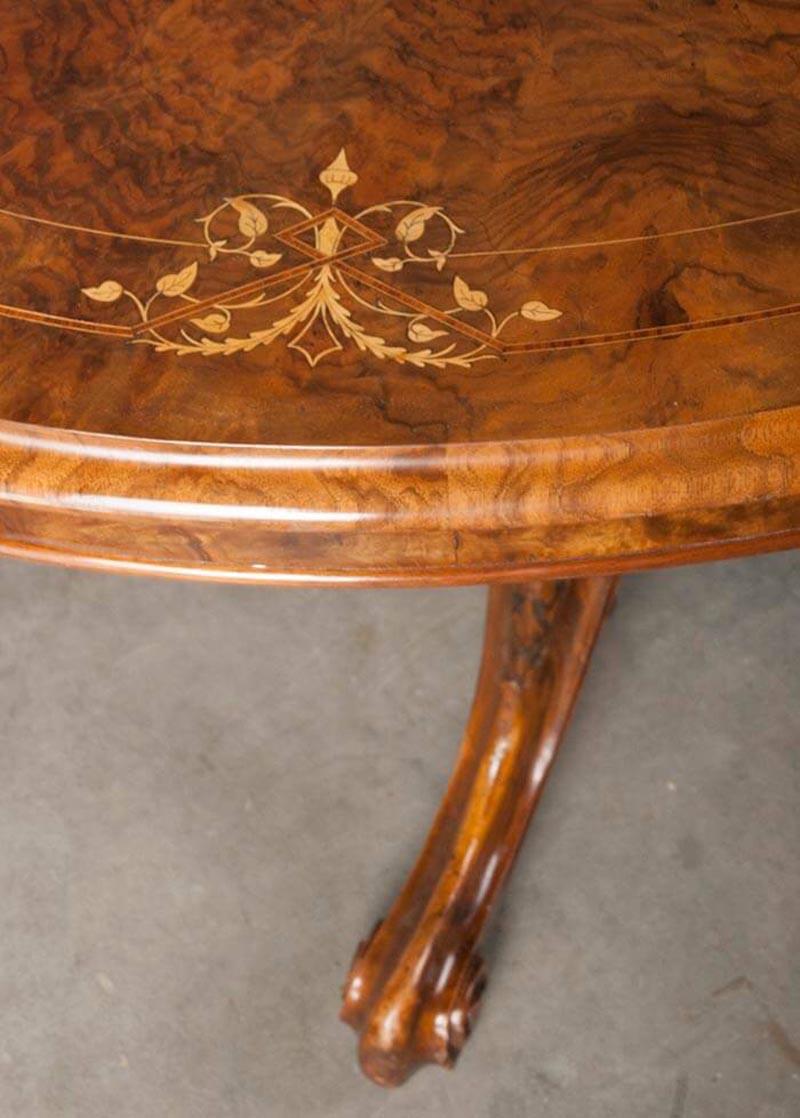 Victorian Burl Wood Veneered Till-Top Table with Mahogany Carved Foot 1