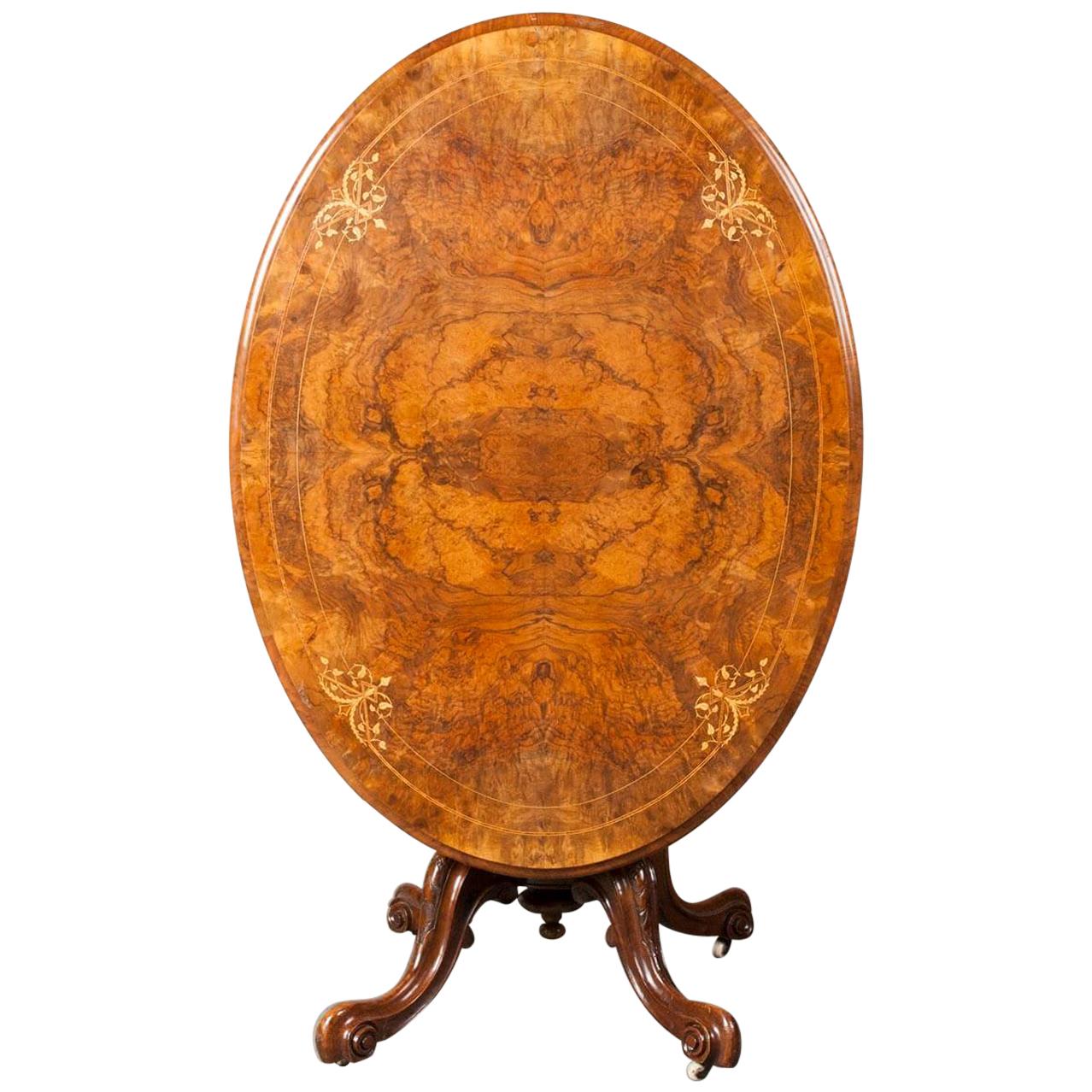 Victorian Burl Wood Veneered Till-Top Table with Mahogany Carved Foot