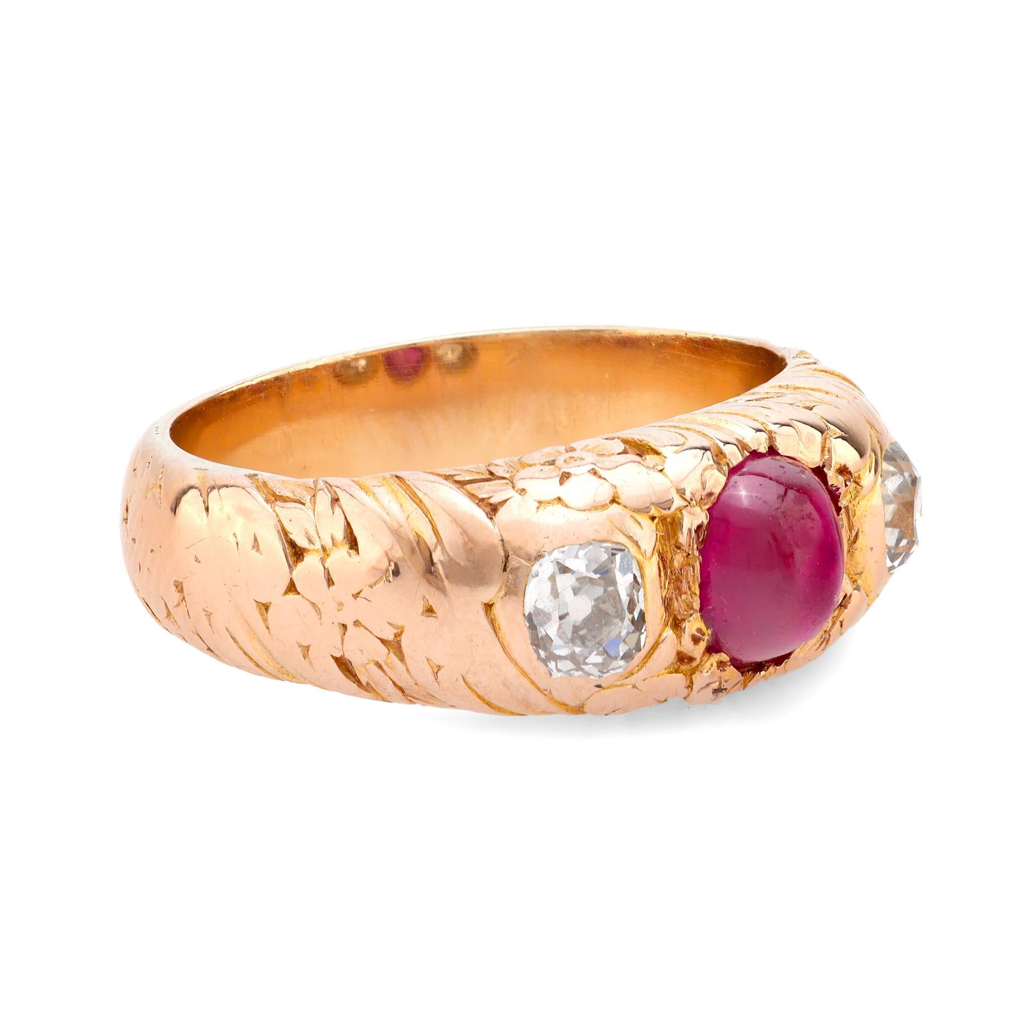 Vittoriano Anello vittoriano Burma senza calore con rubino e diamante in oro rosa 18 carati con tre pietre in vendita