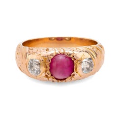 Anillo victoriano Birmania sin calor rubí diamante oro rosa 18k tres piedras
