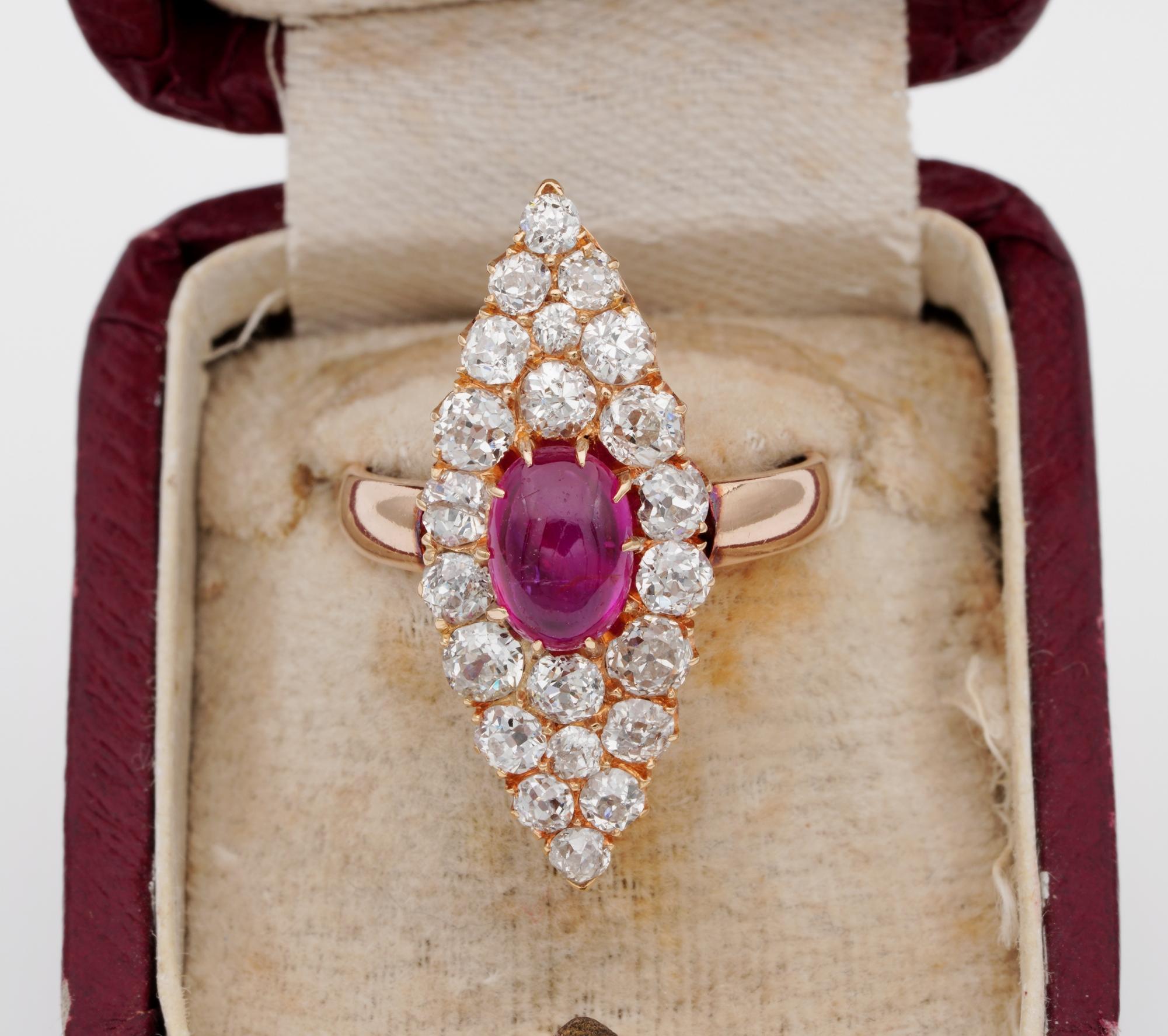 Pure Victorian Elegance!
A distinctive Victorian example which oozes in quality and beauty
Spectacular marquee ring 1880 ca, displaying a stunning Burma ruby raising in opulent Diamond set
Superb, glorious 18 KT rose gold workmanship, not