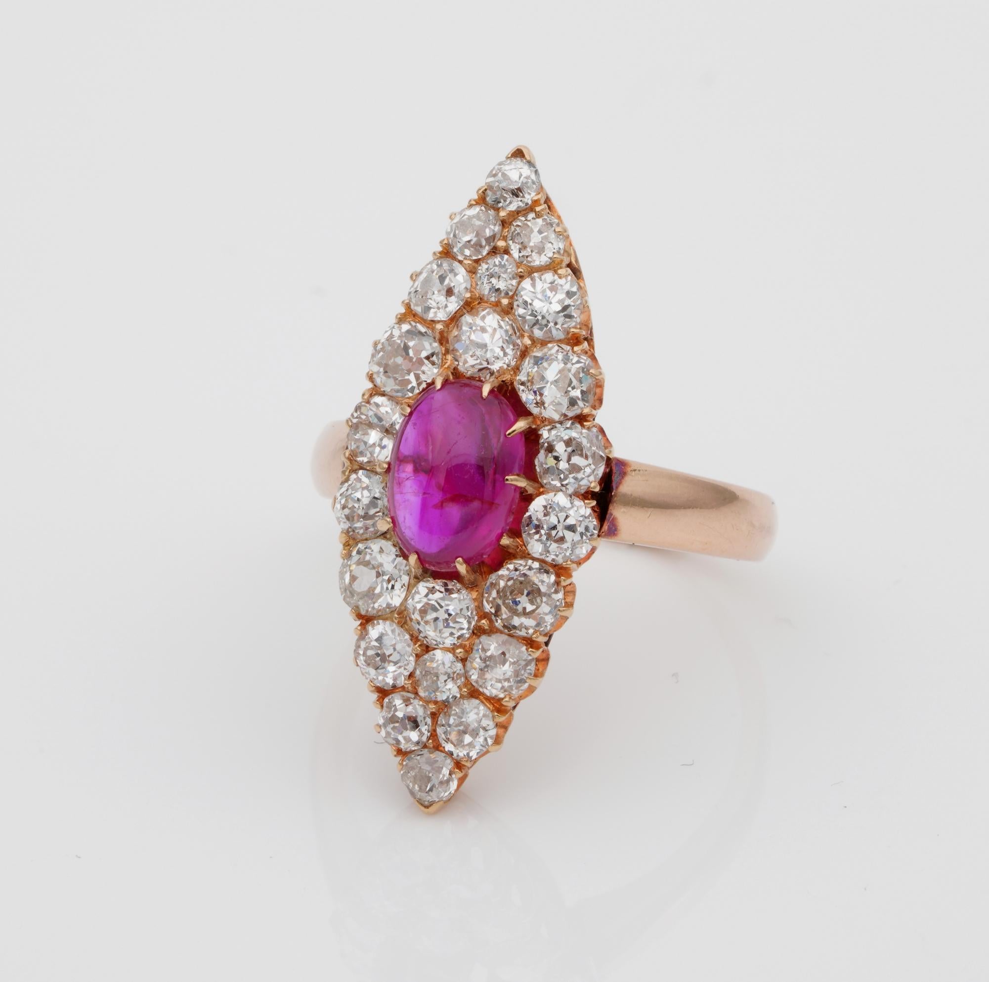 Victorian Burma Ruby Diamond Marquee ring In Good Condition For Sale In Napoli, IT