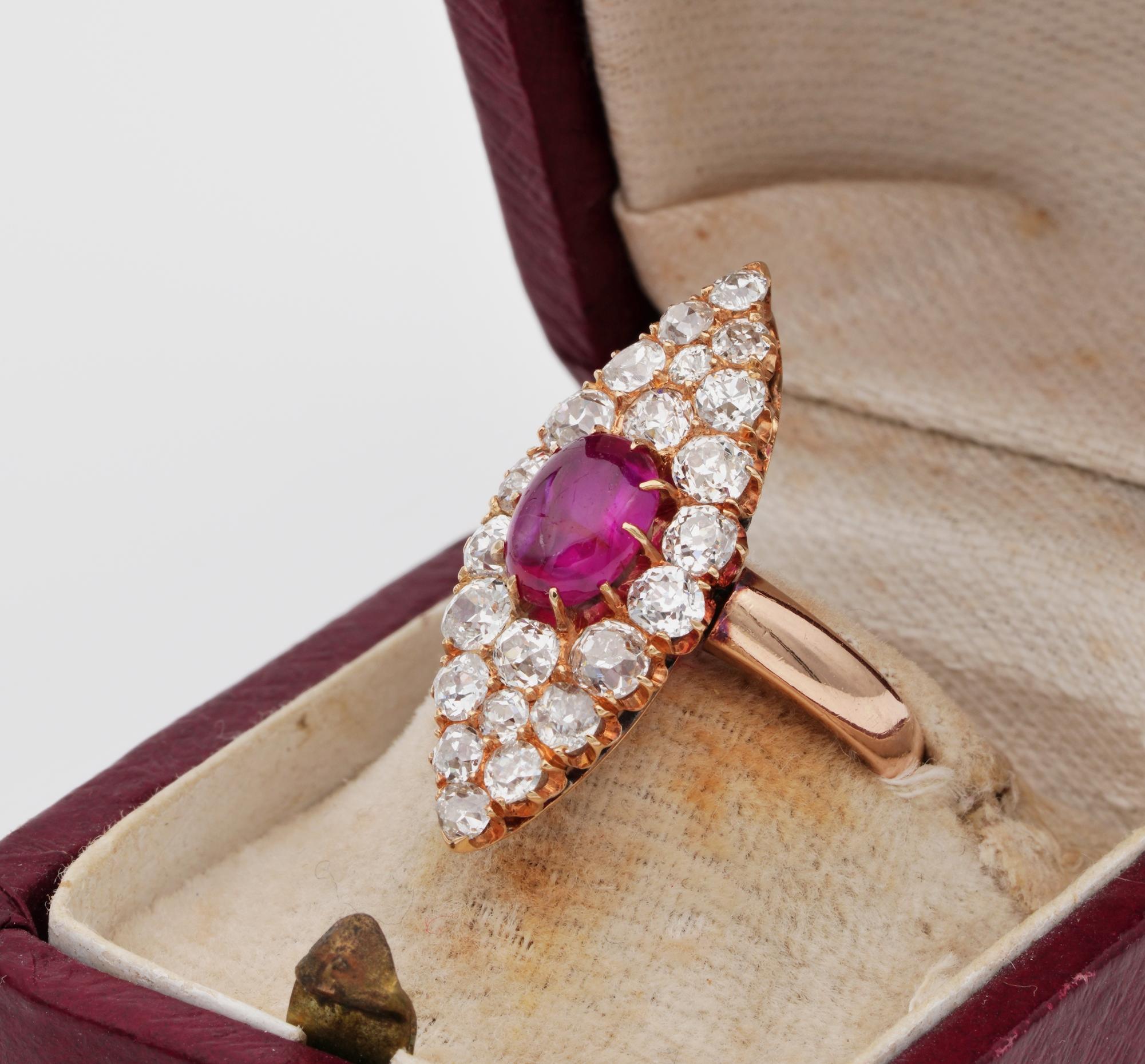 Women's Victorian Burma Ruby Diamond Marquee ring For Sale