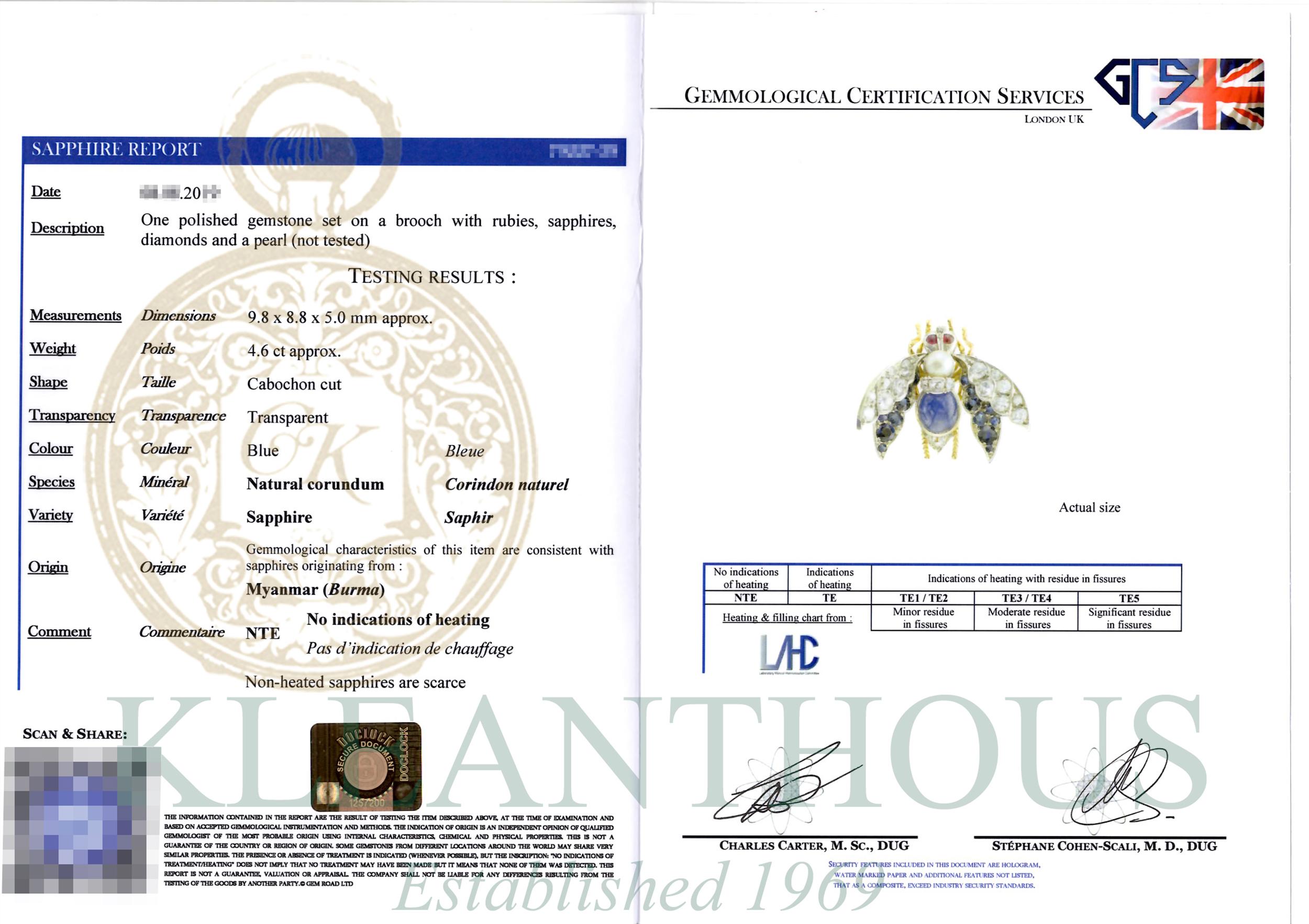 Saphir de Birmanie de 4,60 carats certifié non traité, perle, rubis, abeille/insect/B, époque victorienne en vente 8