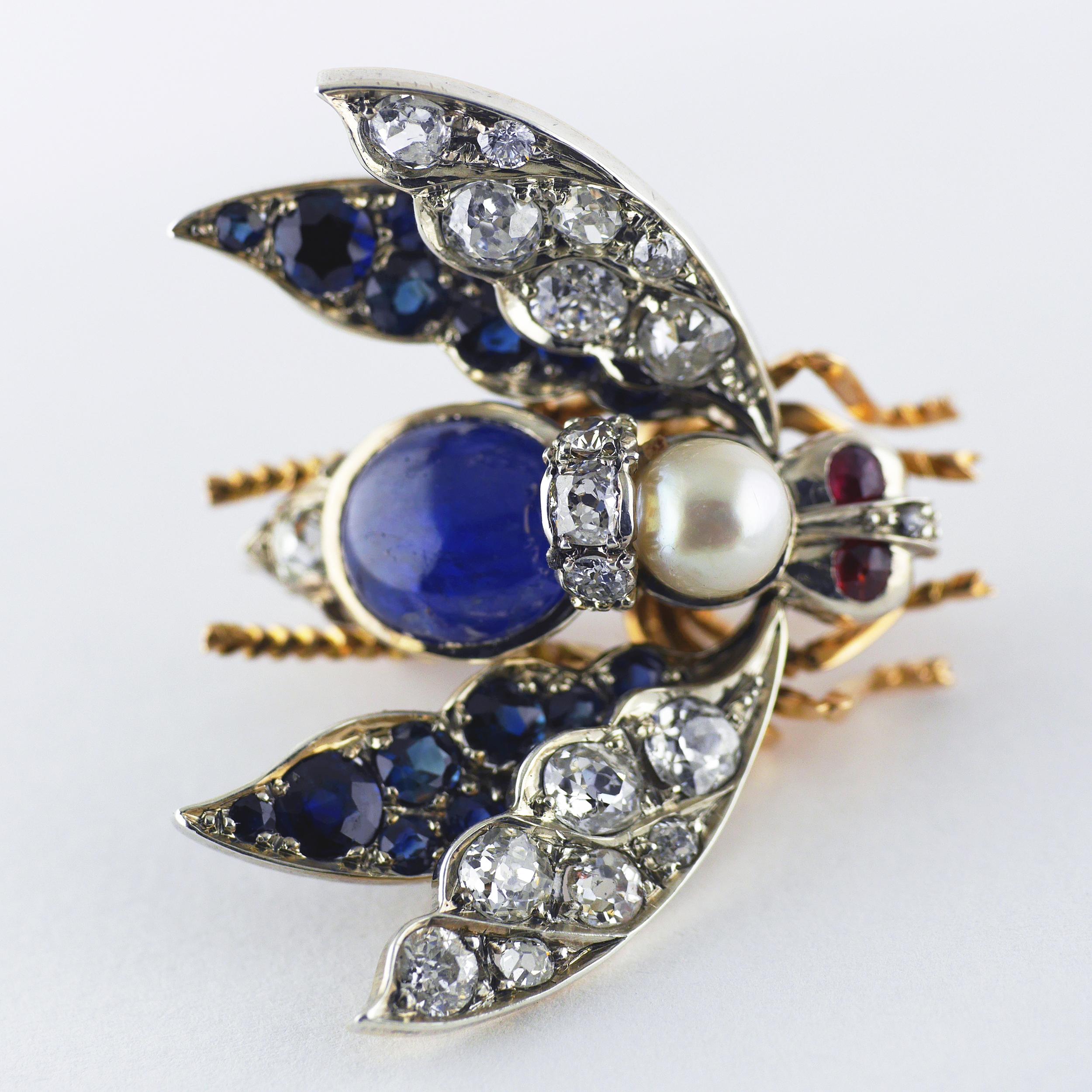 Women's or Men's Victorian Burma Sapphire 4.60ct Certificated Untreated, Pearl, Ruby Bee/Insect/B For Sale