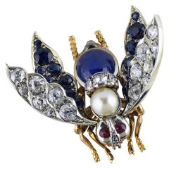 Saphir de Birmanie de 4,60 carats certifié non traité, perle, rubis, abeille/insect/B, époque victorienne