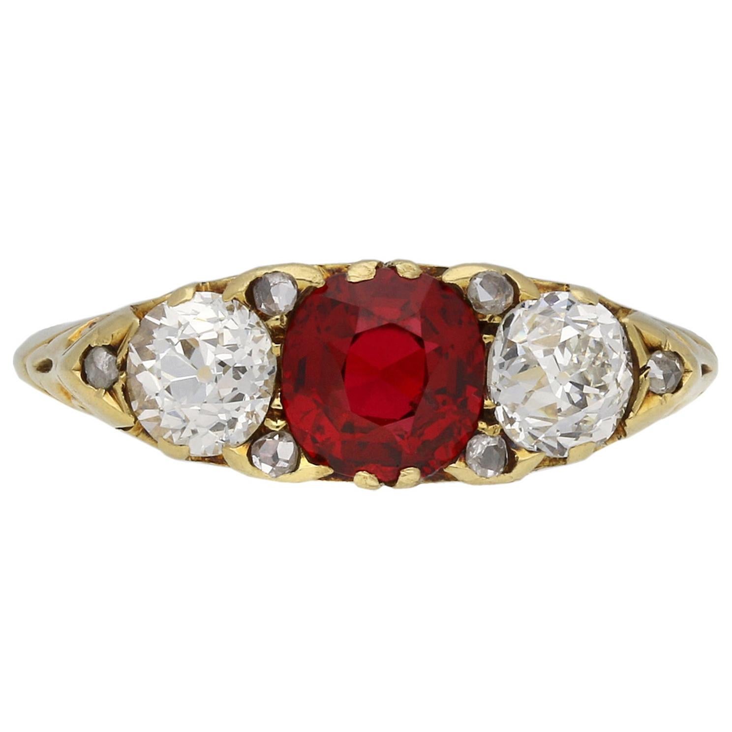 Victorian Burmese Red Spinel and Diamond Three-Stone Ring, circa 1900 For Sale