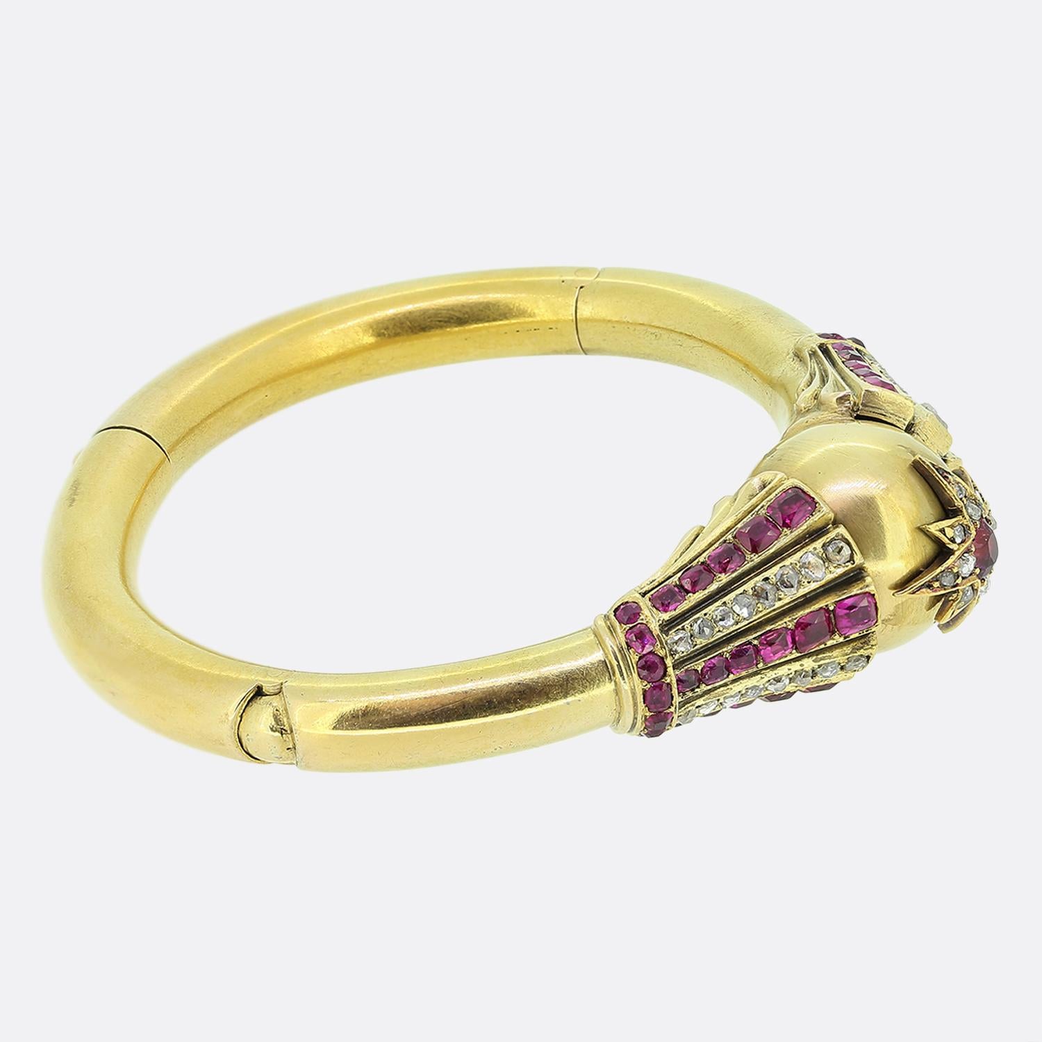 Emerald Cut Victorian Burmese Ruby and Diamond Bangle For Sale